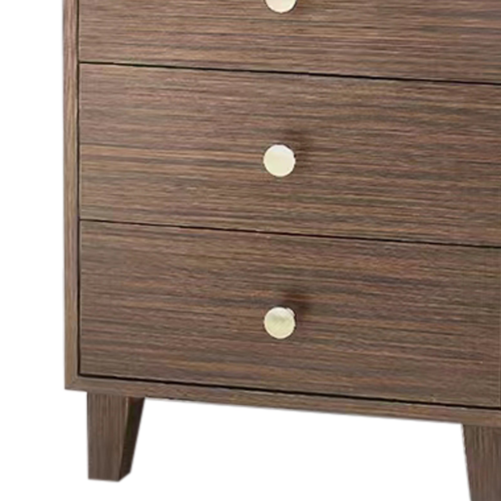 Brown bedside table drawer front with round brass knob and wood-grain texture.