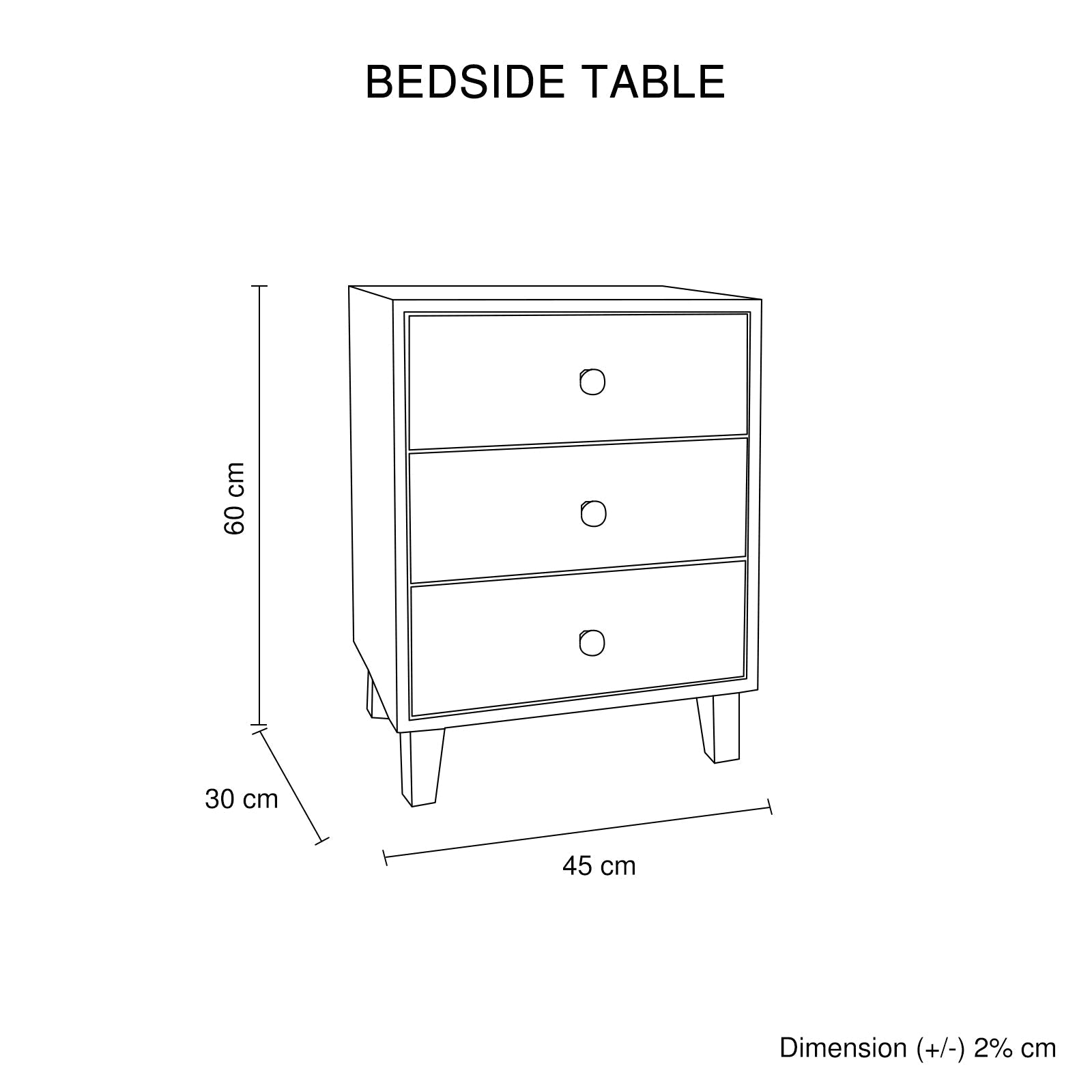 Bedside table size diagram with three drawers; 45 cm wide and 60 cm high.