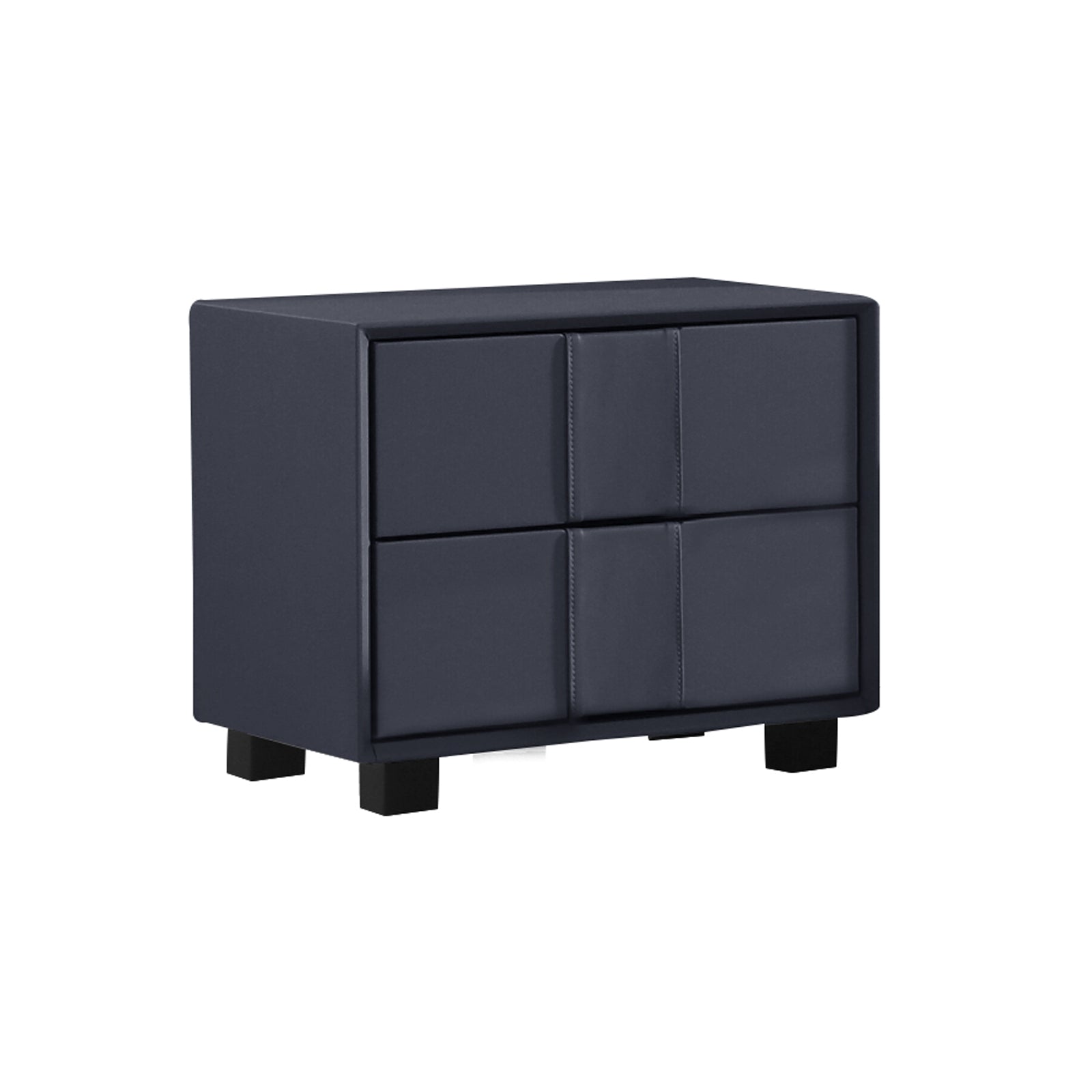 Dark fabric upholstered bedside table with four-panel drawer fronts and block legs