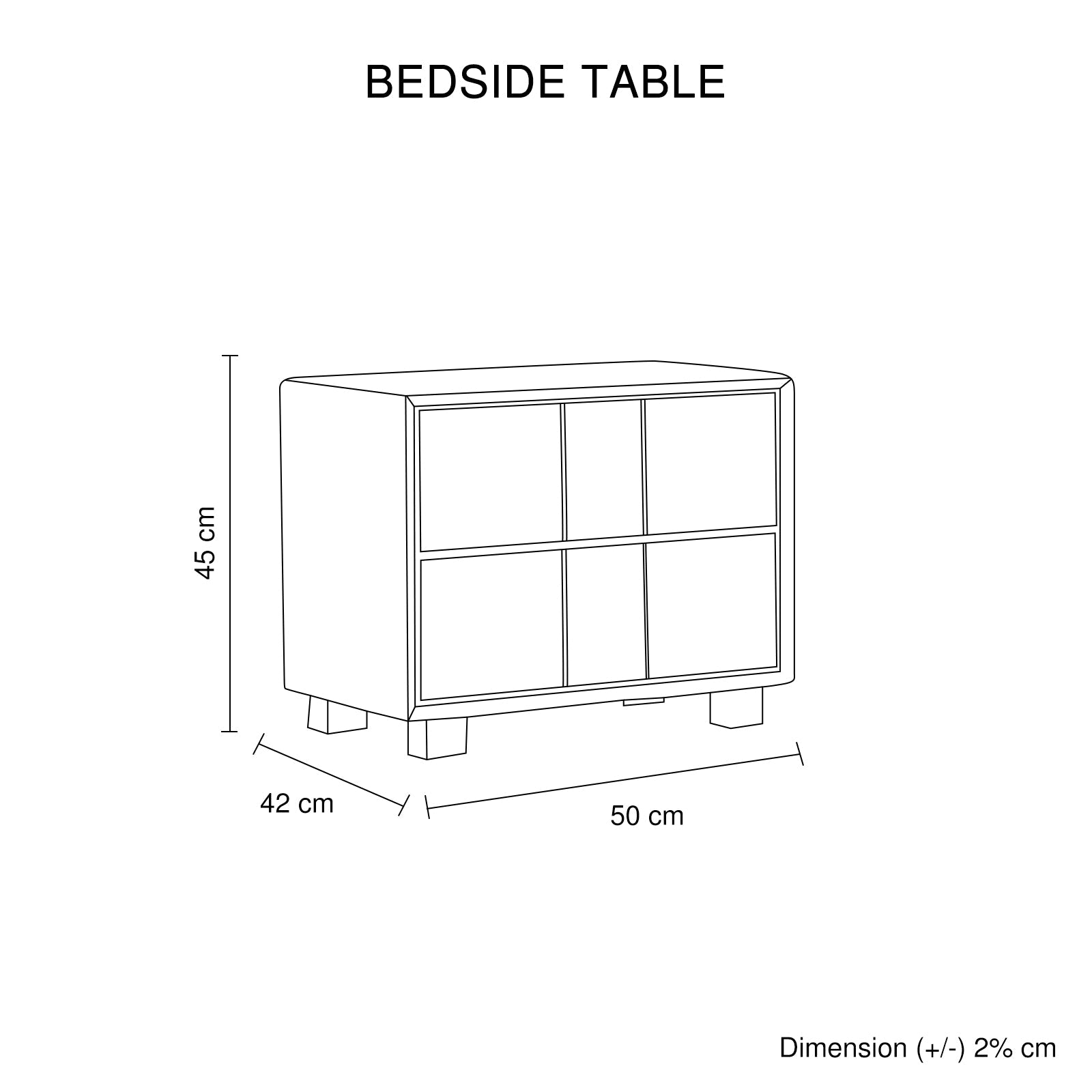 Bedside table line drawing with 45 cm height and 50 cm width diagram
