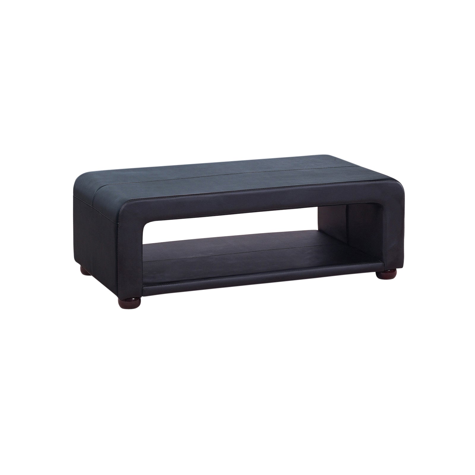 Black PU leather coffee table with open shelf and low cushioned frame