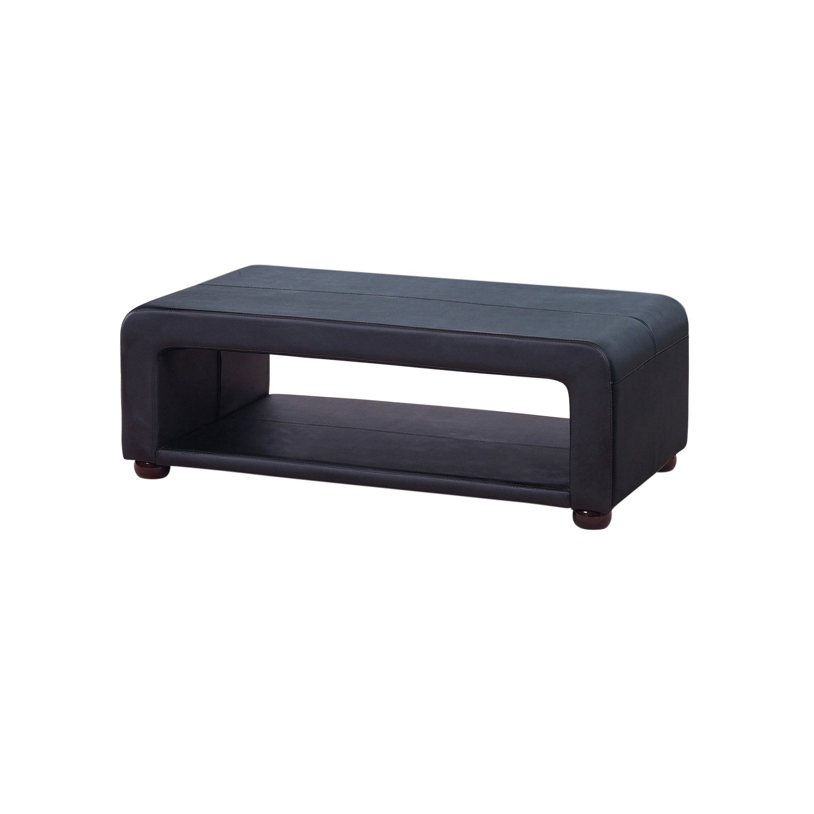 Black PU leather coffee table with open storage shelf and rounded corners