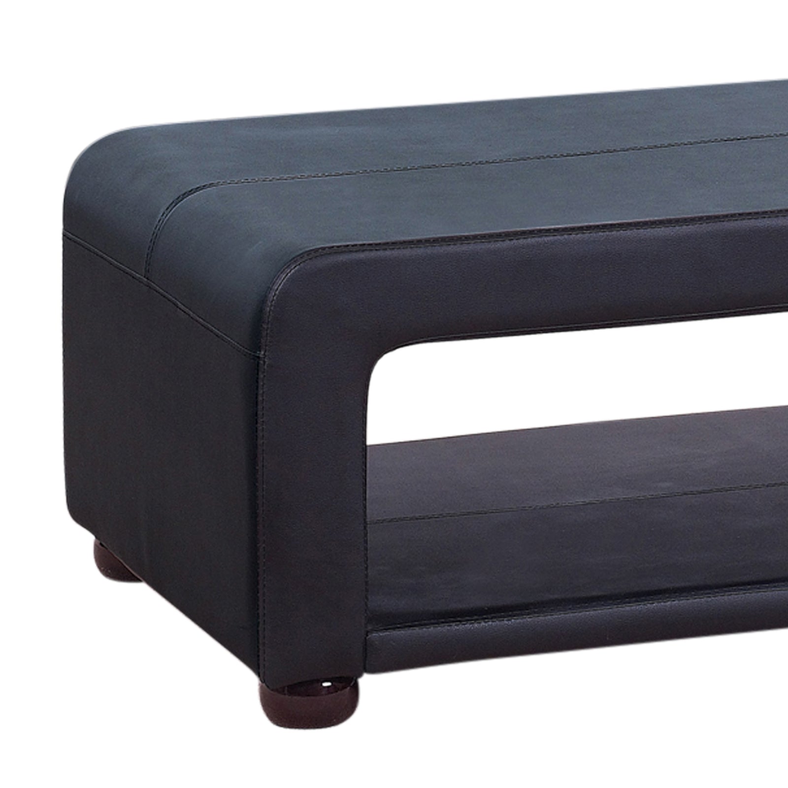 Black PU leather coffee table with open shelf, padded edges, and stitched trim