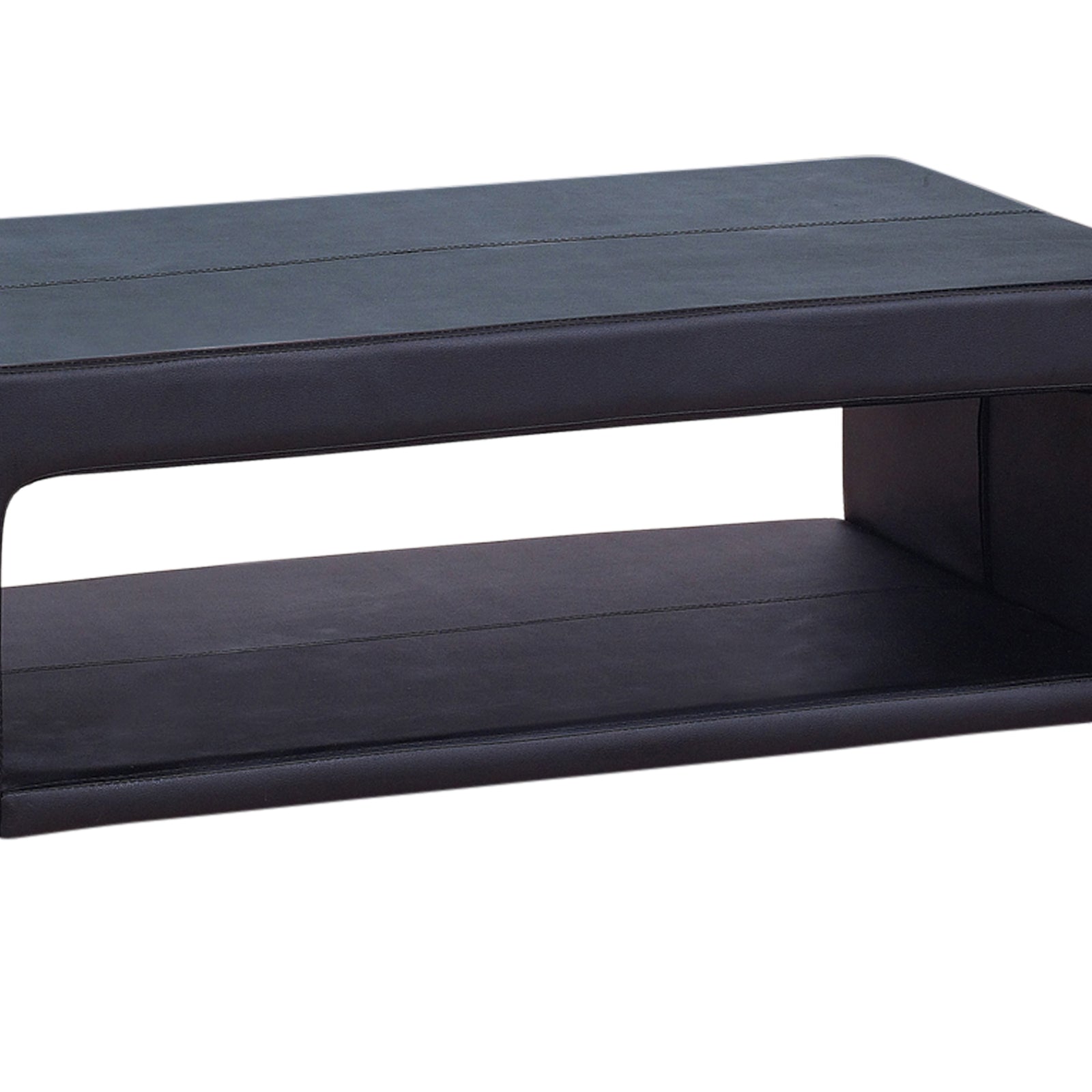 Black PU leather coffee table showing open storage compartment under the top