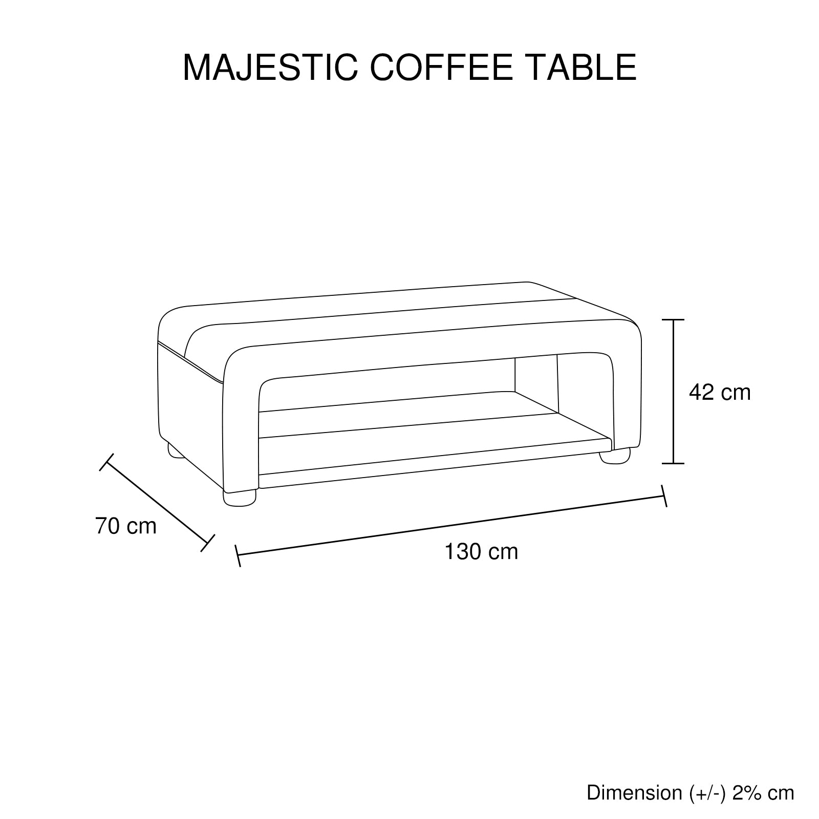 Coffee table line drawing with dimensions: 130 cm wide, 70 cm deep, 42 cm high