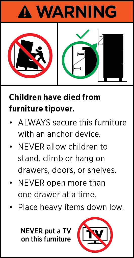 Safety warning: secure furniture with an anchor; keep children away from tipping