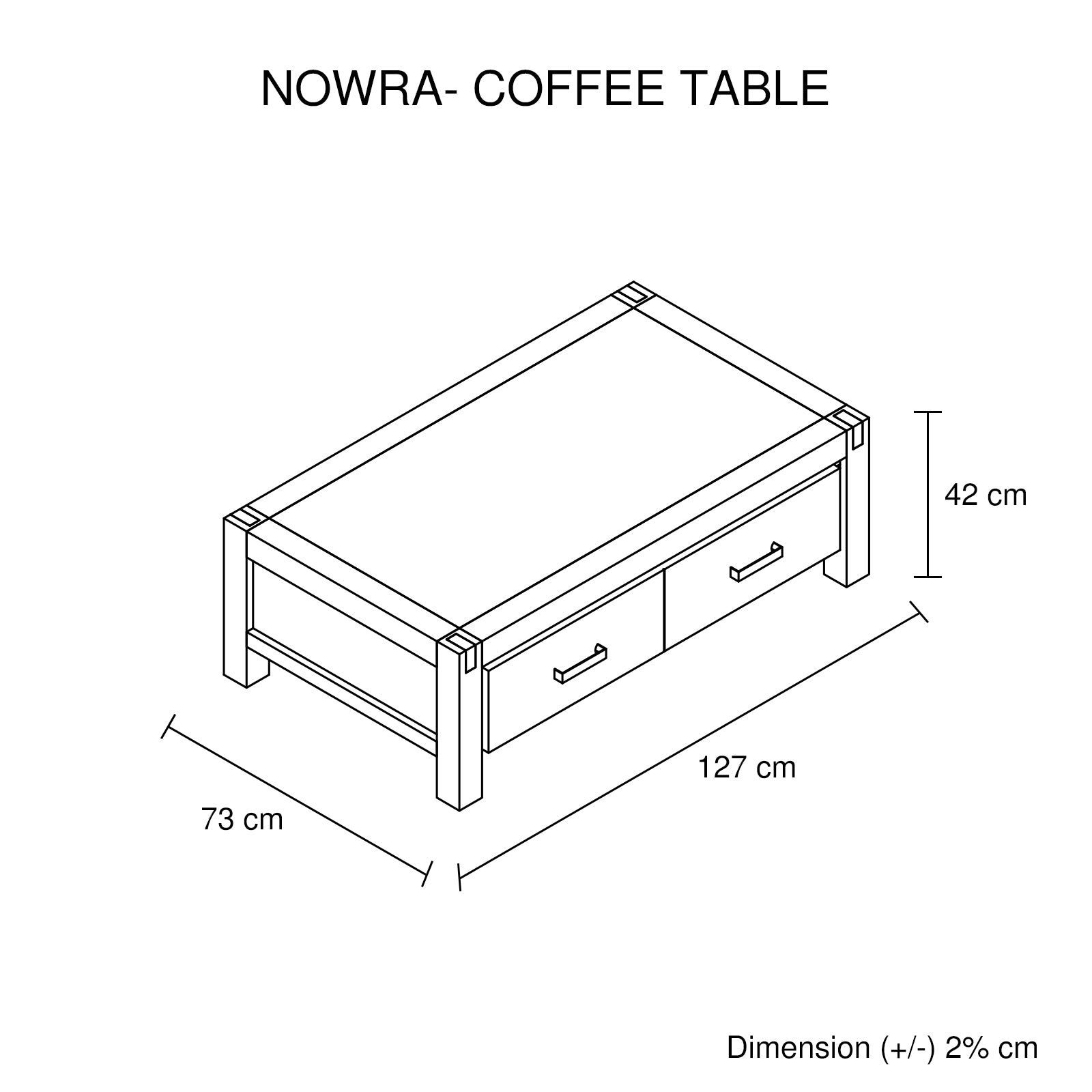 Light oak coffee table with two drawers and shelf, 127x73x42 cm