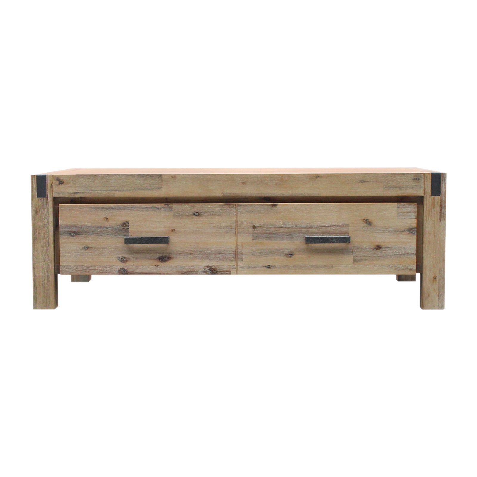 Light oak coffee table with two drawer fronts and metal handles, front view