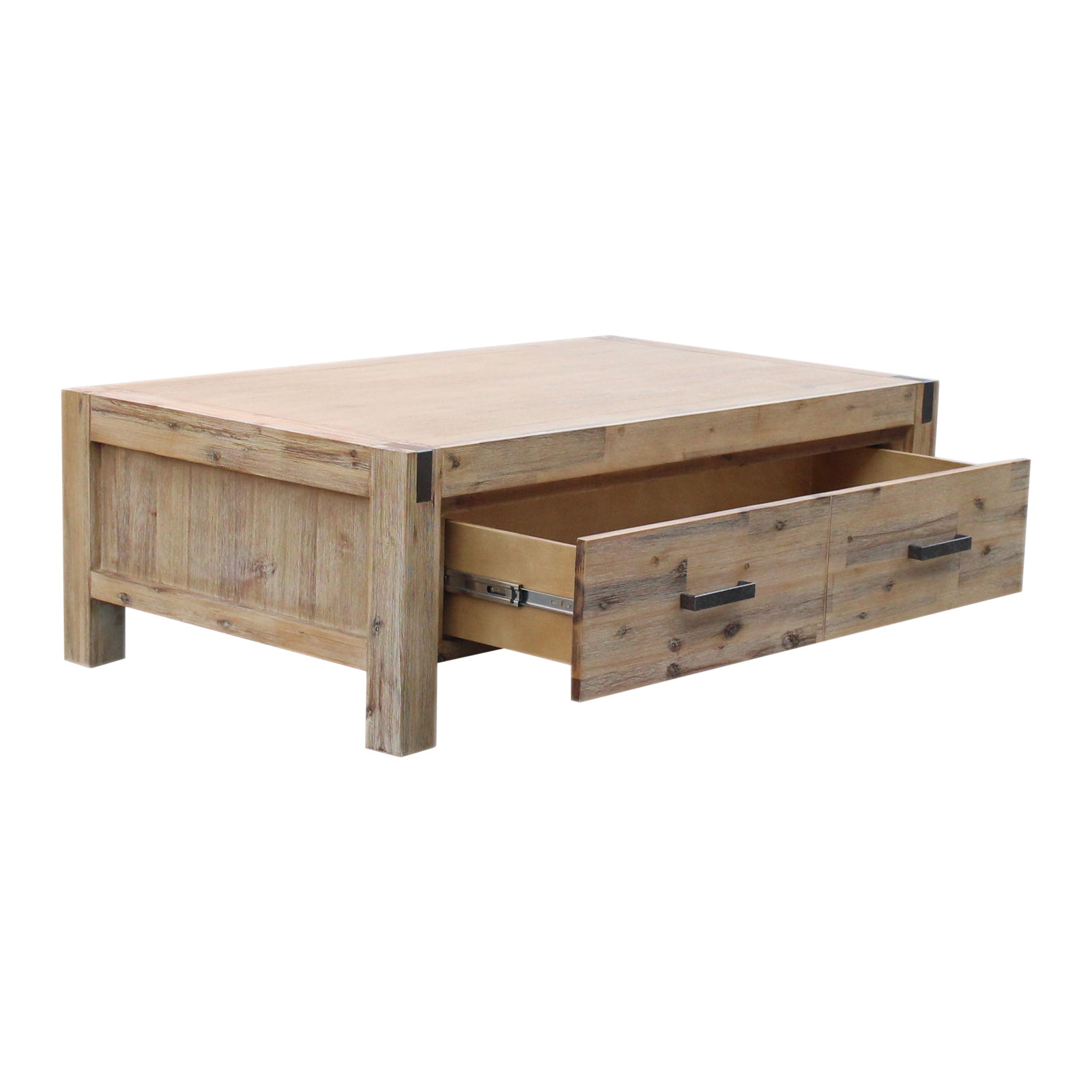 Light oak coffee table with open drawer and tabletop, side view
