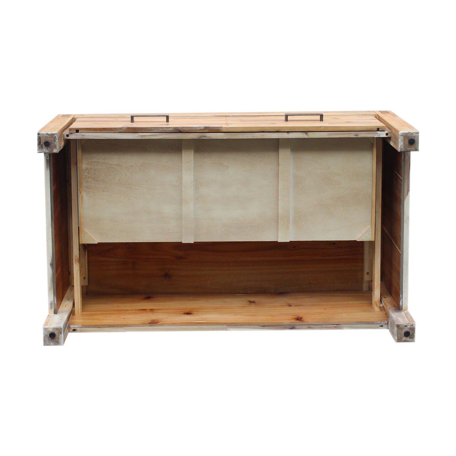 Coffee table with open interior under tabletop and two drawers, storage view