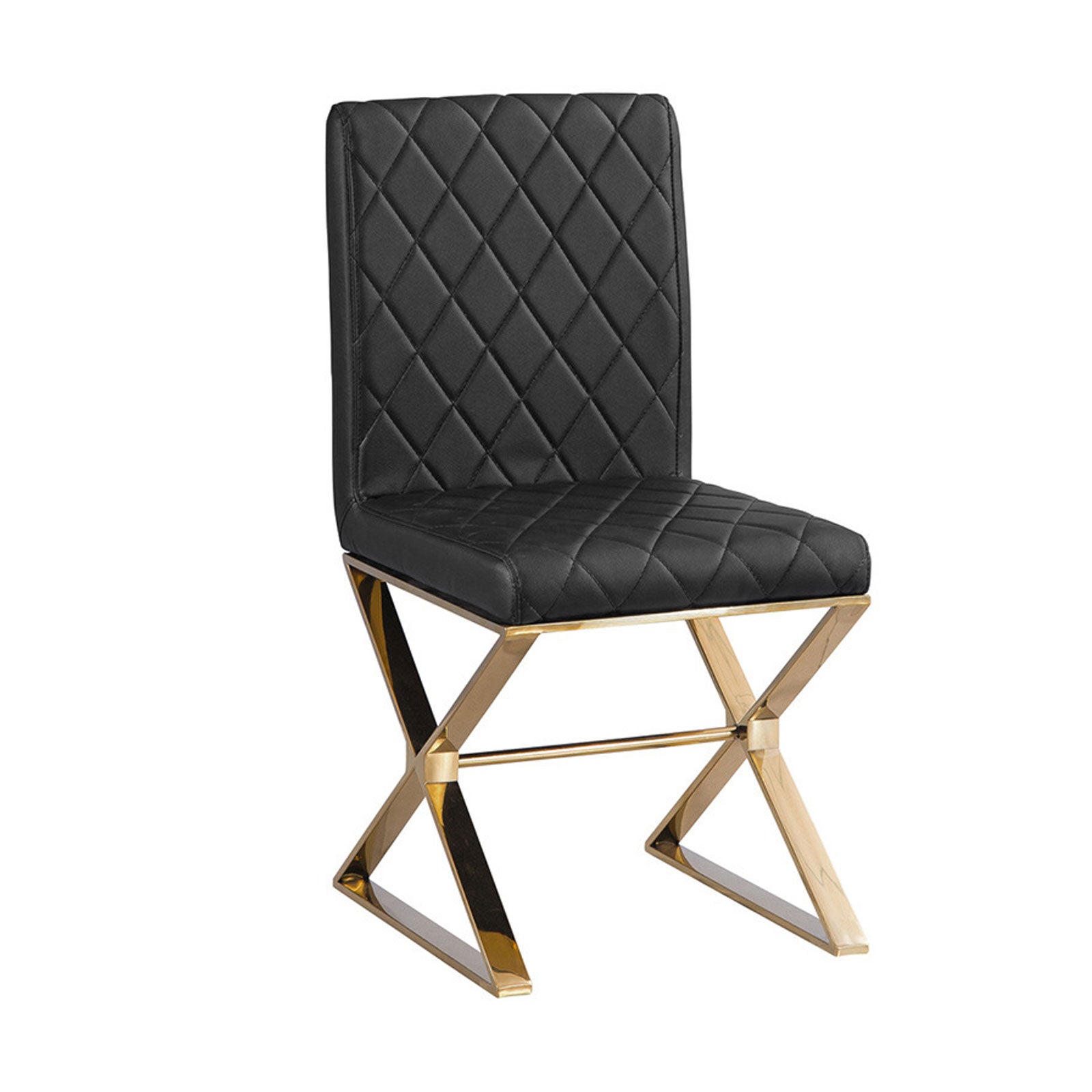 Black PU leather dining chair with diamond-quilted back and gold frame