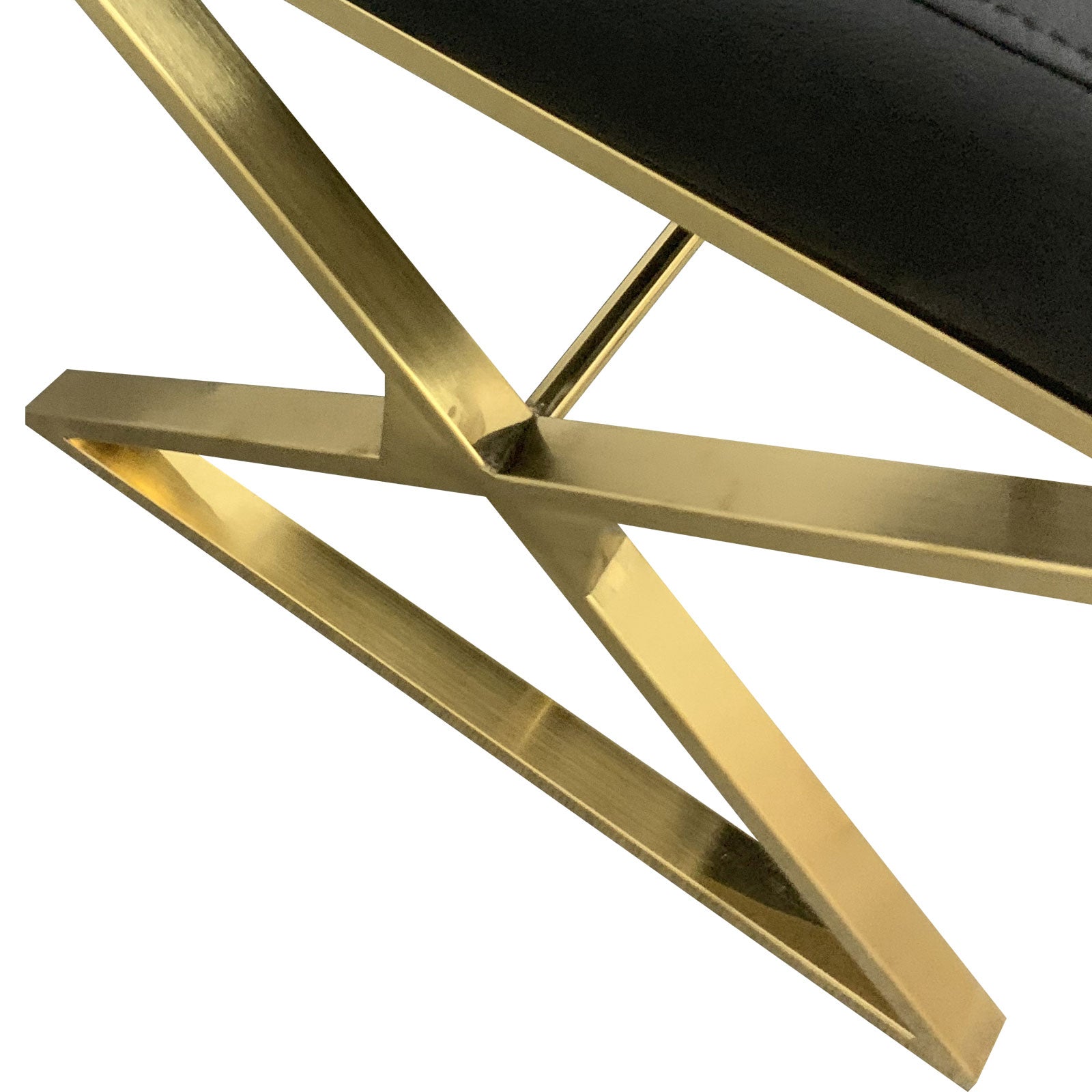 Gold metal chair frame with angled cross braces under black leather seat