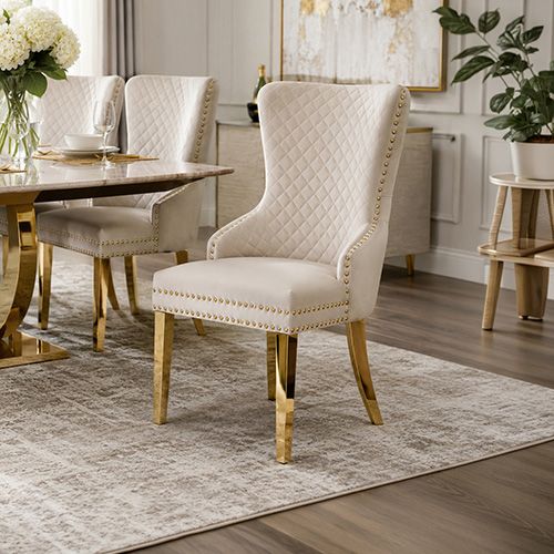 Set of 2 Beige Velvet Dining Chairs – Button Studded Ring Back Design Golden Legs Bedworld