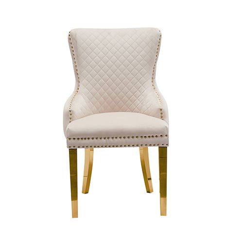 Set of 2 Beige Velvet Dining Chairs – Button Studded Ring Back Design Golden Legs Bedworld