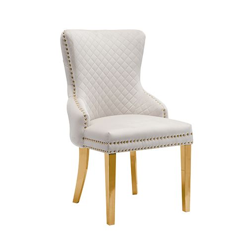 Set of 2 Beige Velvet Dining Chairs – Button Studded Ring Back Design Golden Legs Bedworld