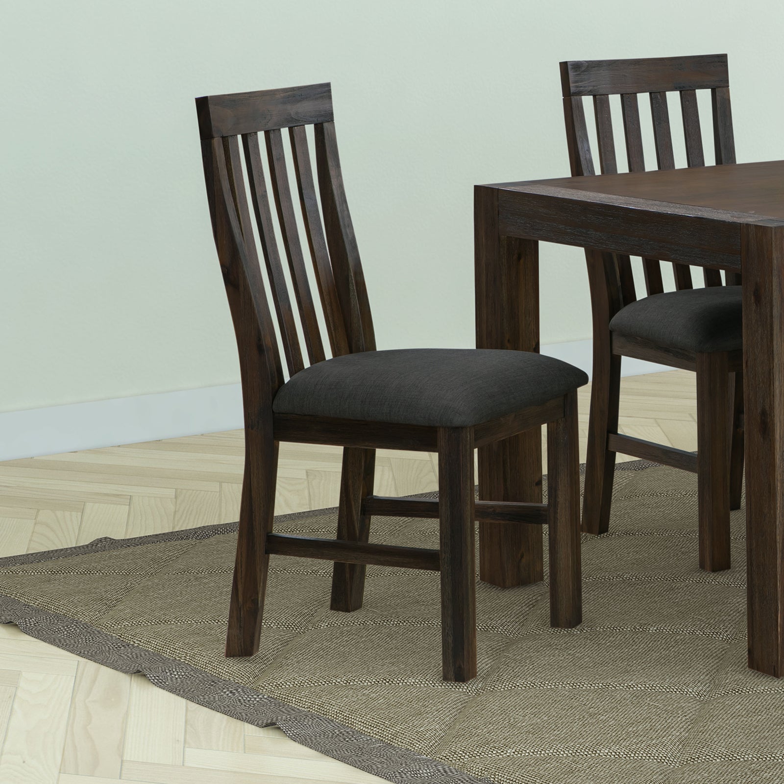 Dining chair with dark wood frame, slatted back, and dark upholstered seat