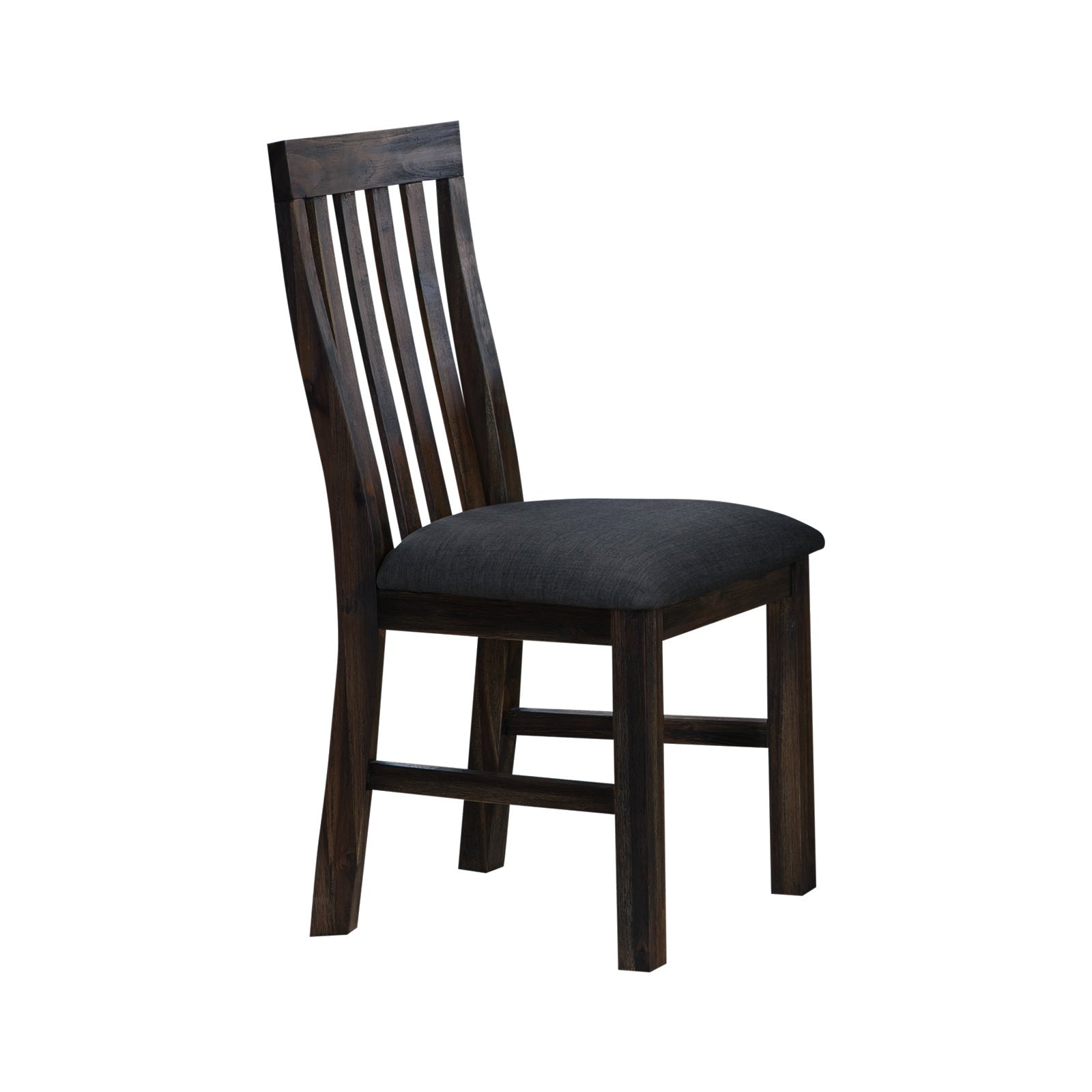 Dining chair with dark wood frame and vertical slatted back, dark padded seat