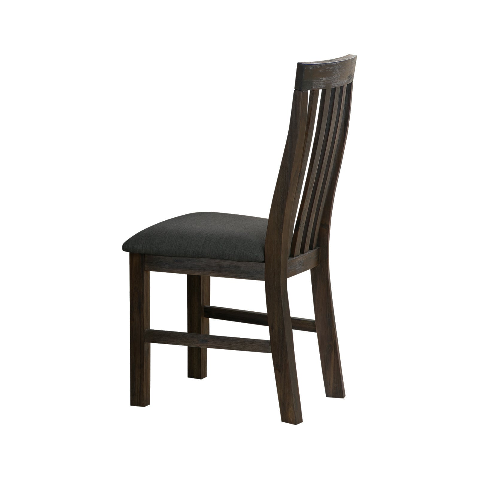 Dining chair with high dark slatted back and dark upholstered seat cushion