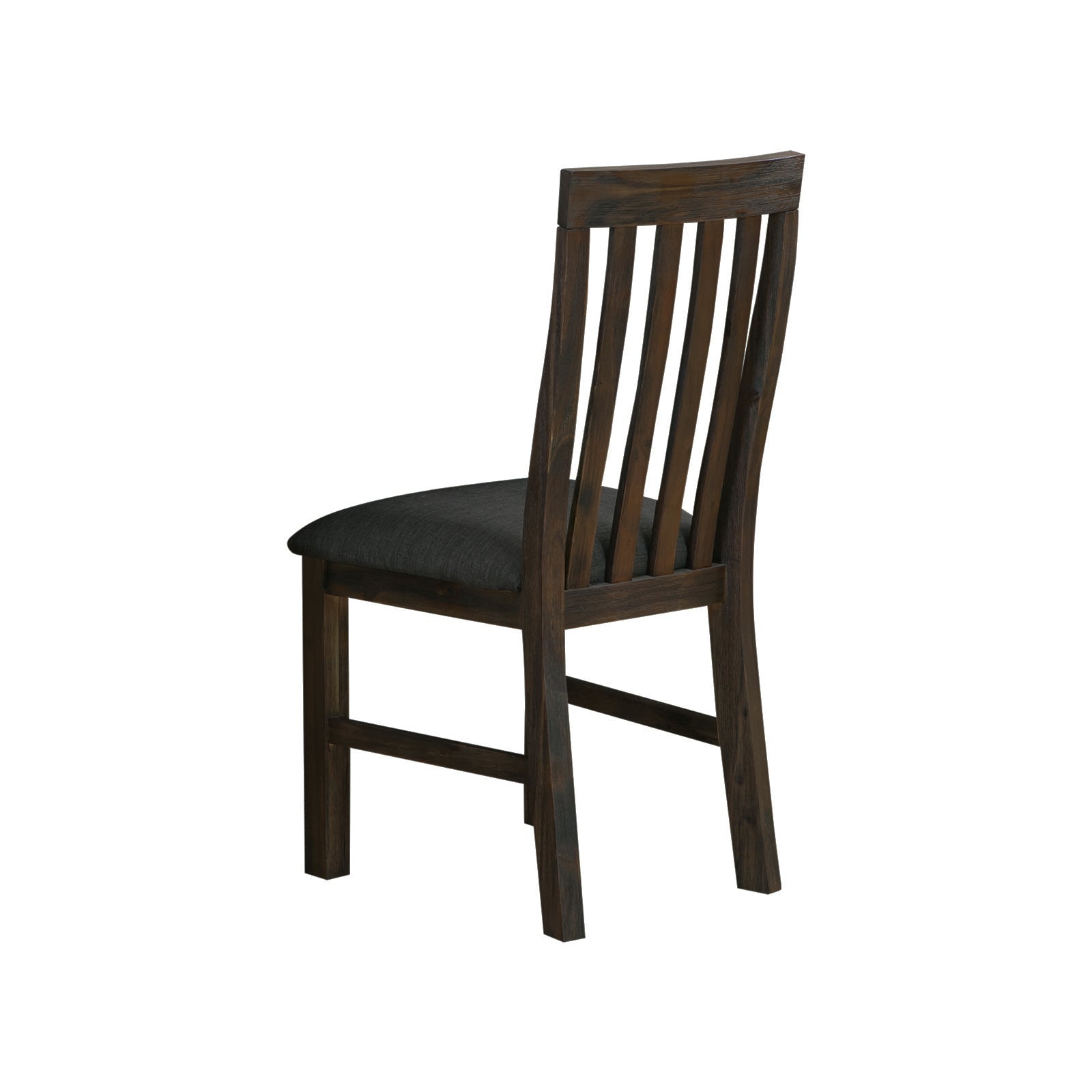 Dining chair with curved dark wood arms and dark padded seat, slatted back