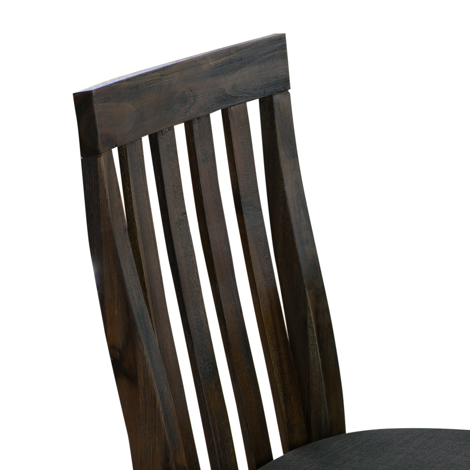Dining chair back with dark wood slats and dark upholstered seat edge