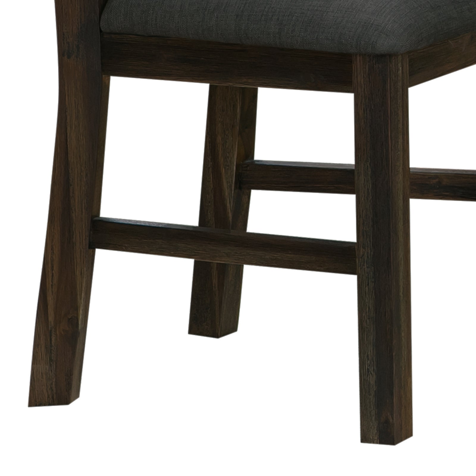 Dining chair side view with dark wood legs and cross brace under seat