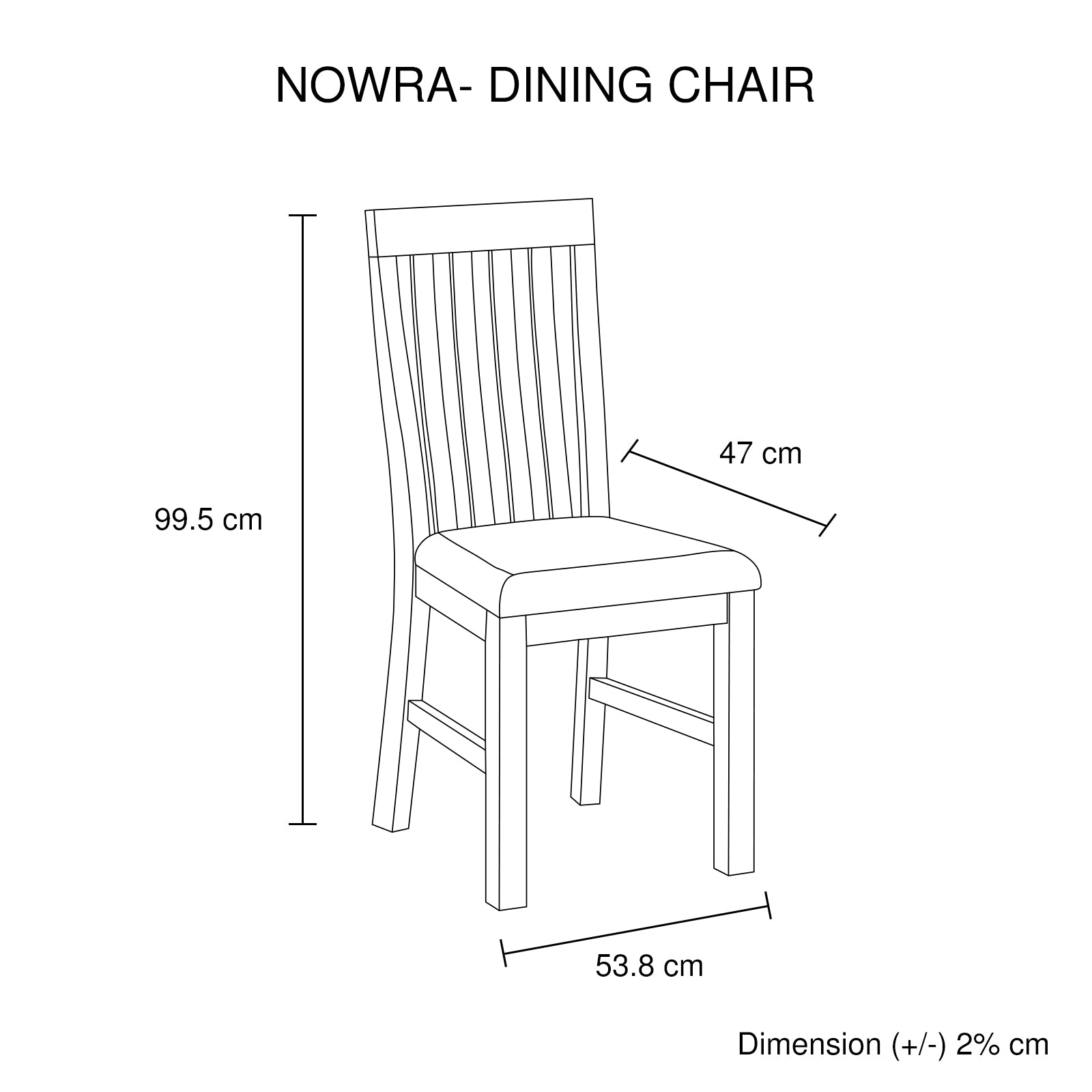Dining chair dimensions diagram with slatted back and padded seat