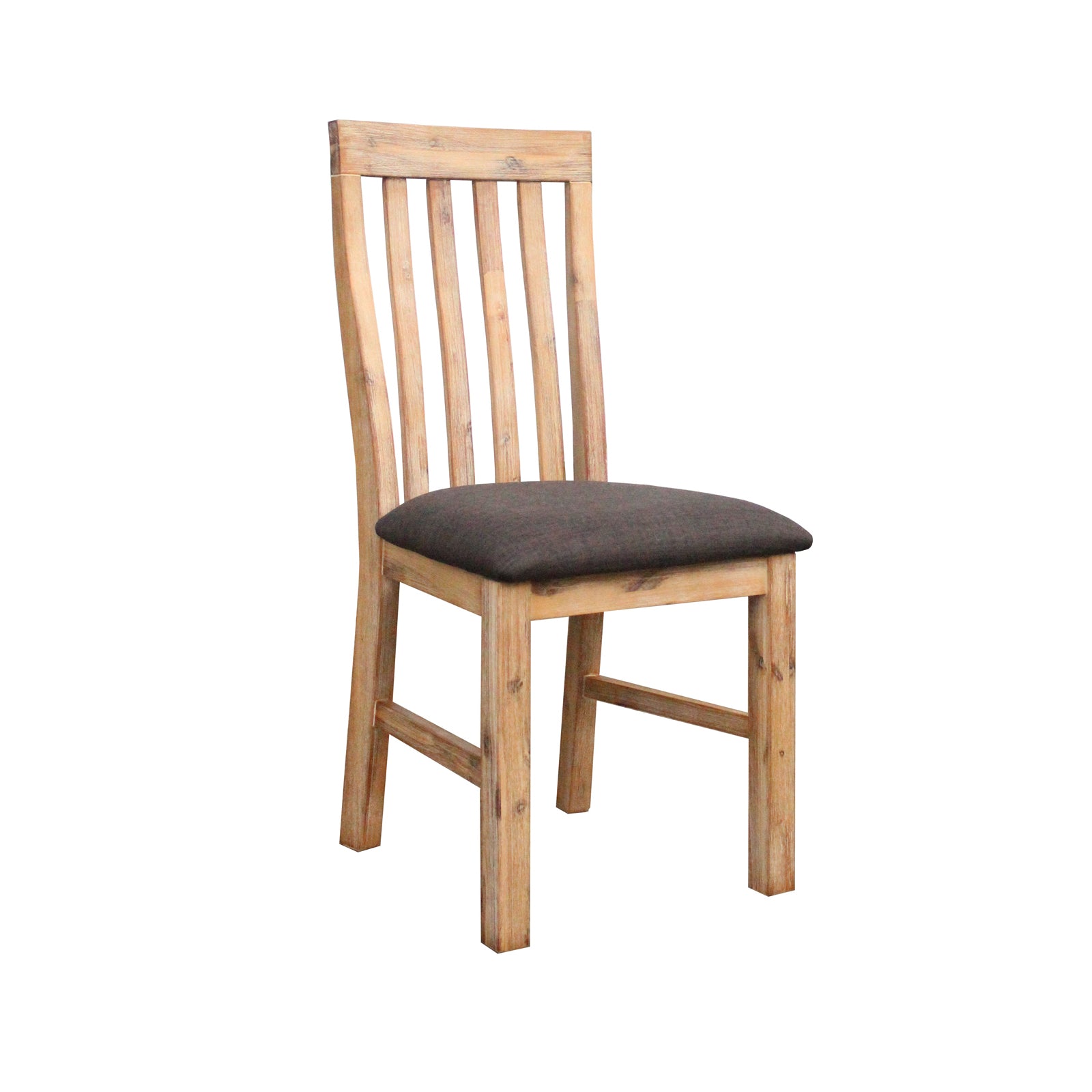 Solid wood dining chair with vertical slat back and dark seat cushion, oak finish