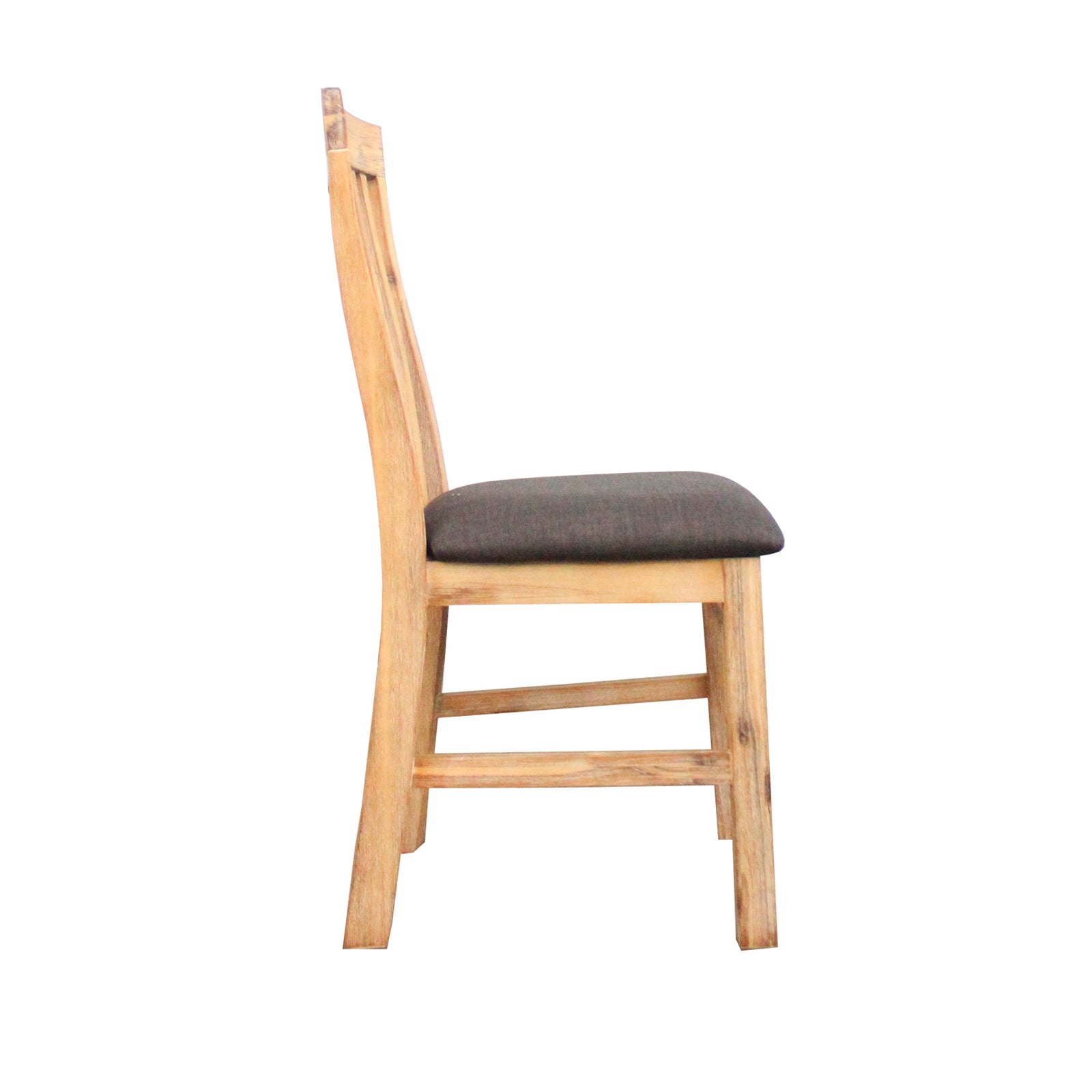 Side view of wooden dining chair with slatted back and dark upholstered seat cushion