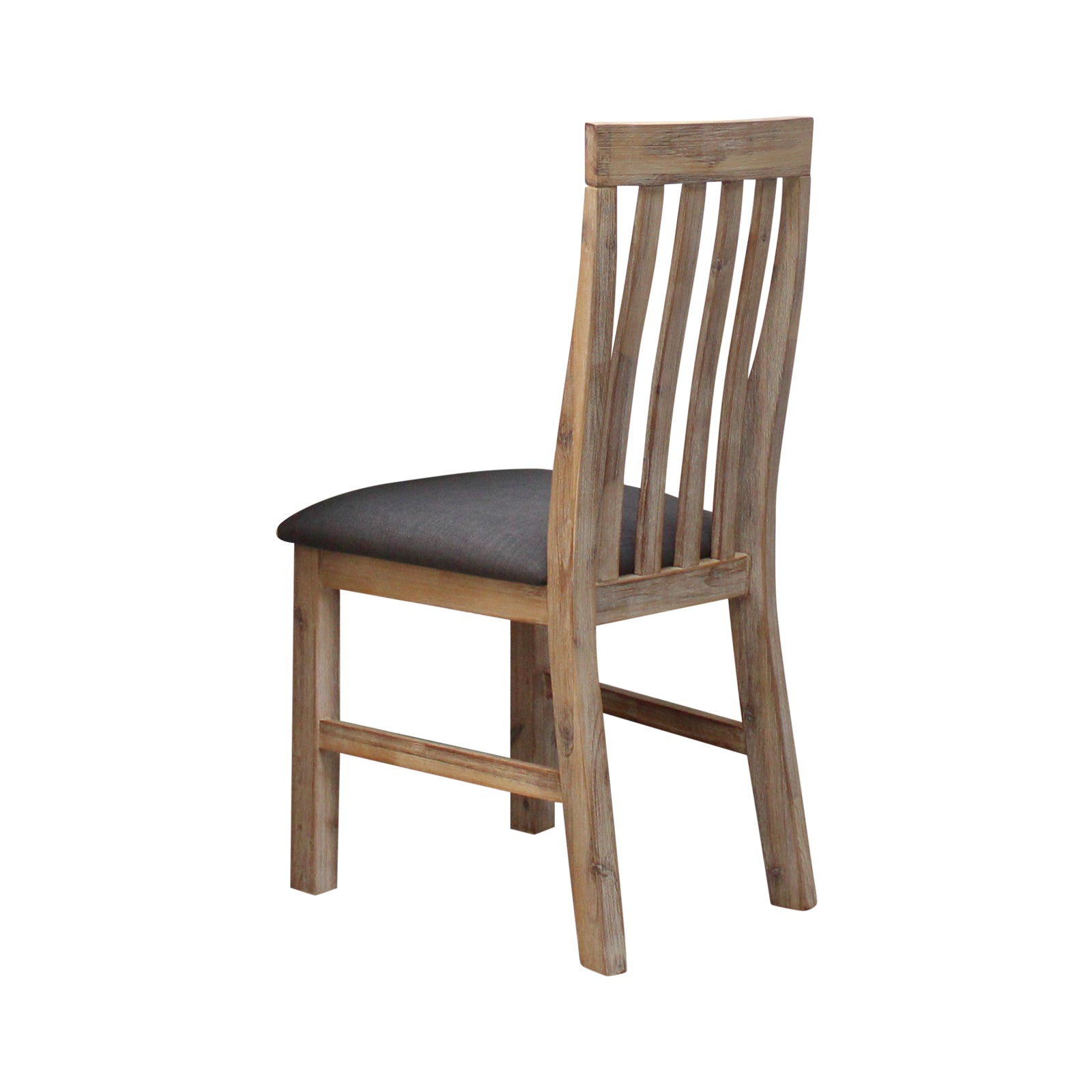 Dining chair with slatted back, dark padded seat, and light oak-toned wooden frame