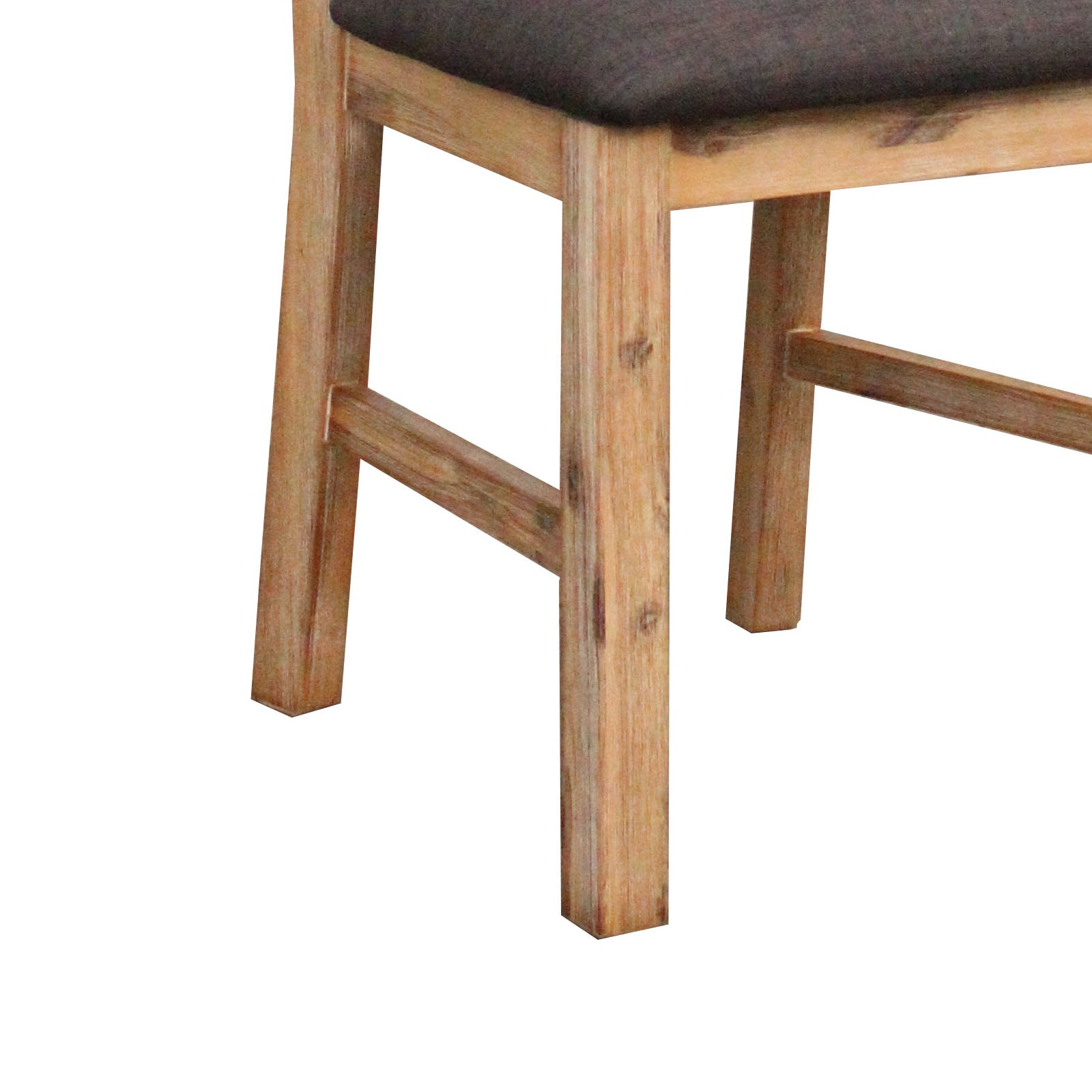 Close-up of wooden dining chair frame showing armrest support and dark seat cushion