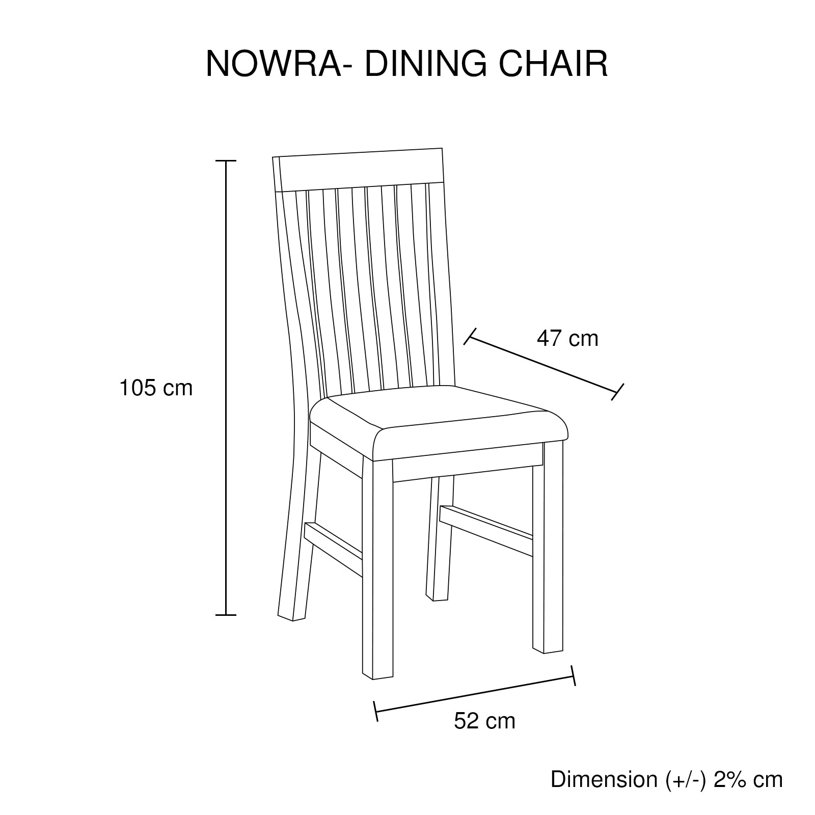 Dining chair dimensions diagram with height 105 cm, width 52 cm, depth 47 cm