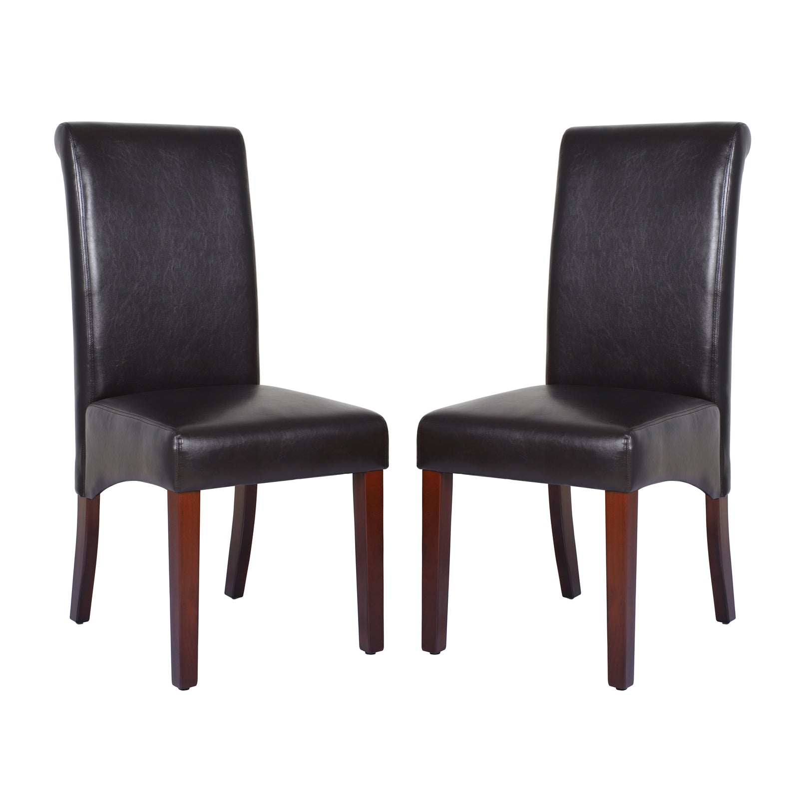 Pair of dining chairs with dark brown leatherette seats and solid pine legs