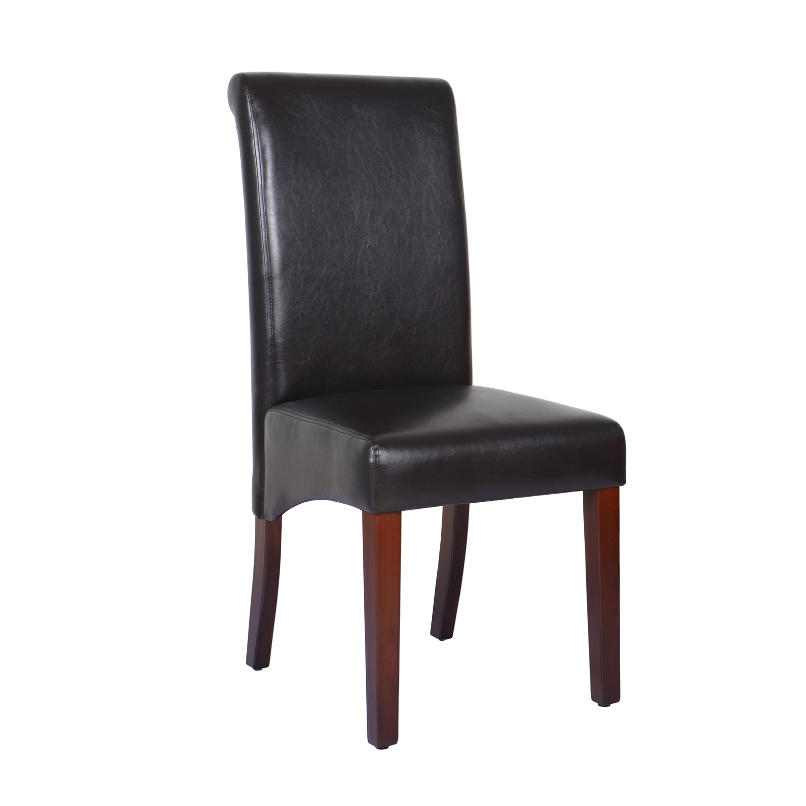Dining chair with dark brown leatherette seat and back, solid pine legs