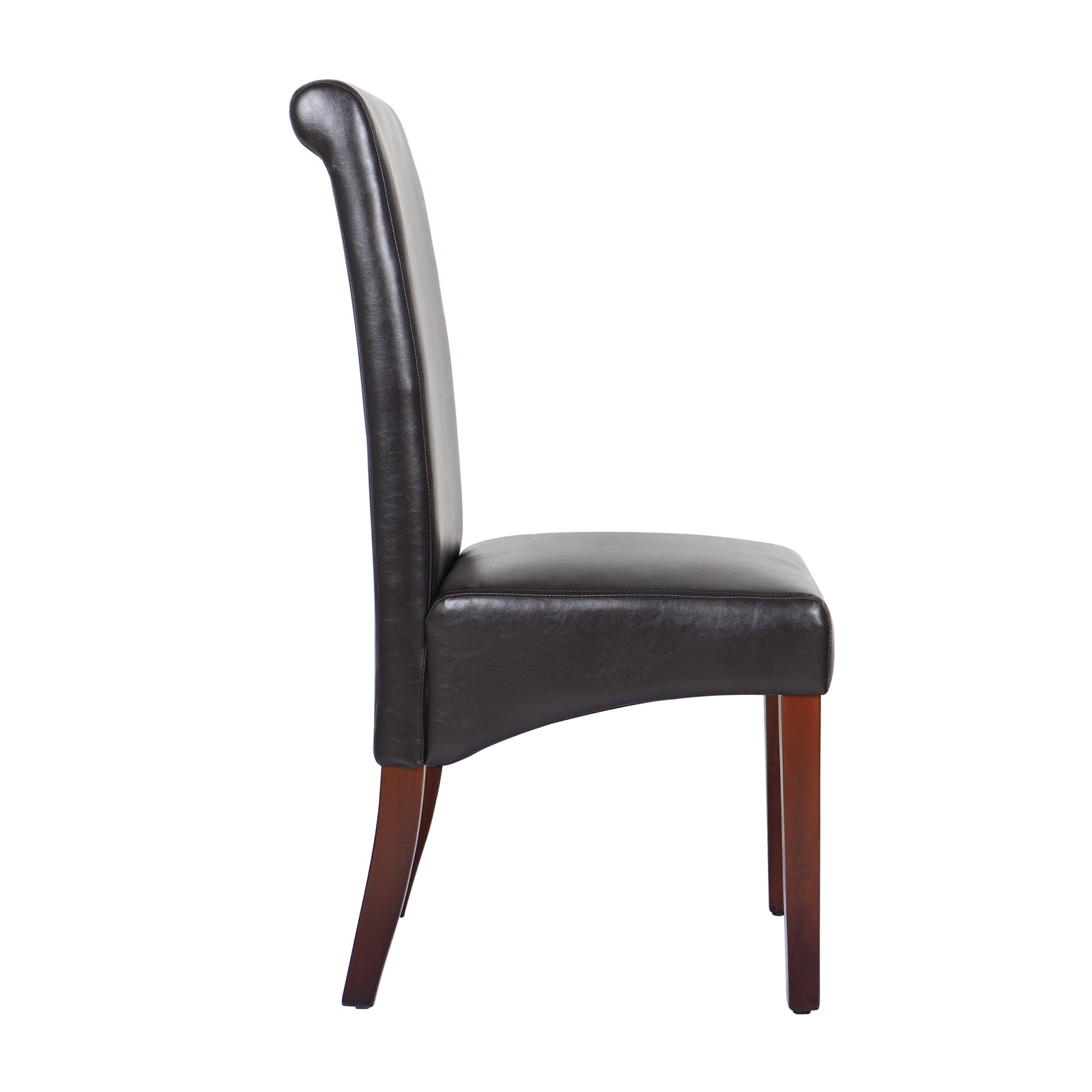 Dining chair with dark brown leatherette seat and tall curved back, wooden legs