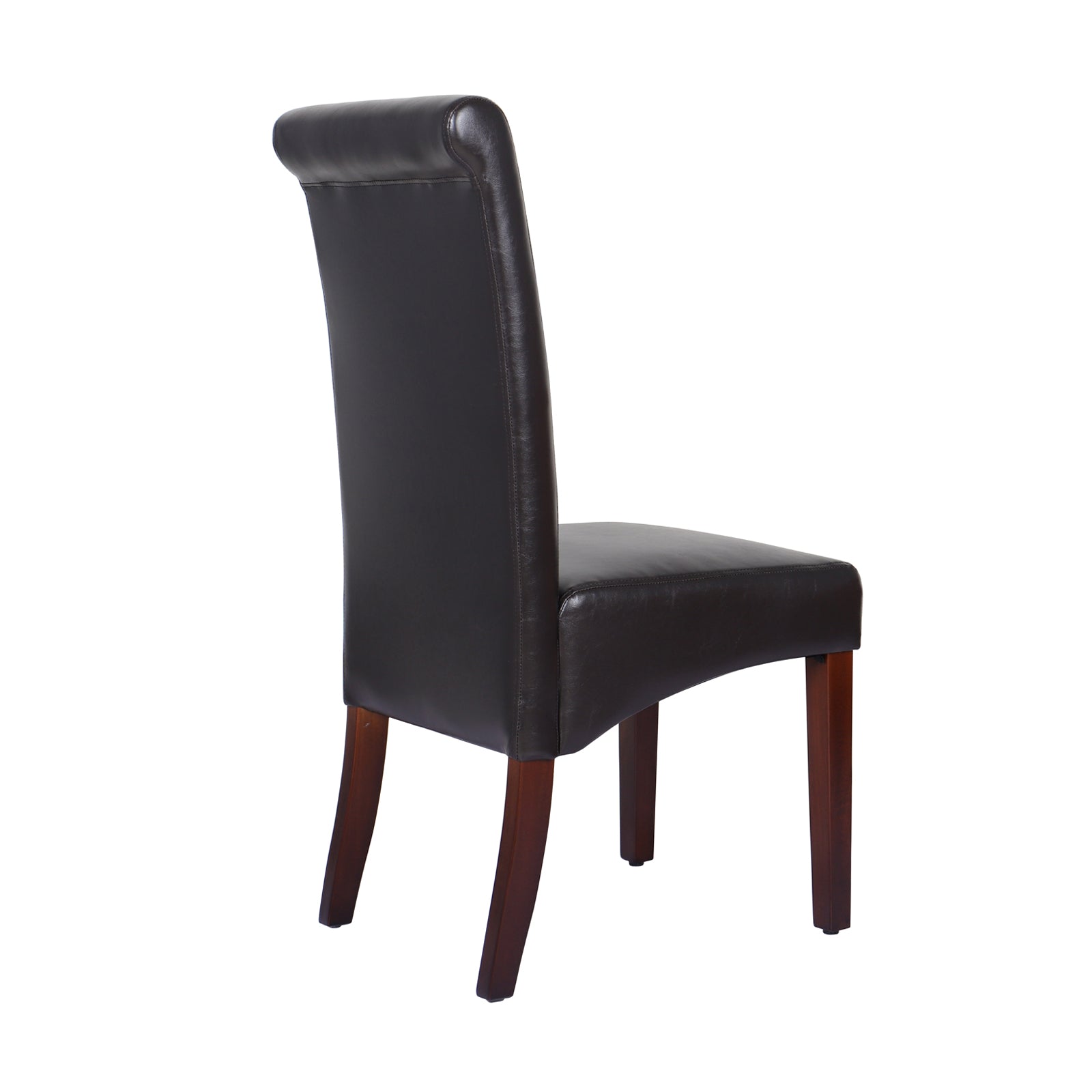 Dining chair with dark brown leatherette upholstery and curved wooden legs