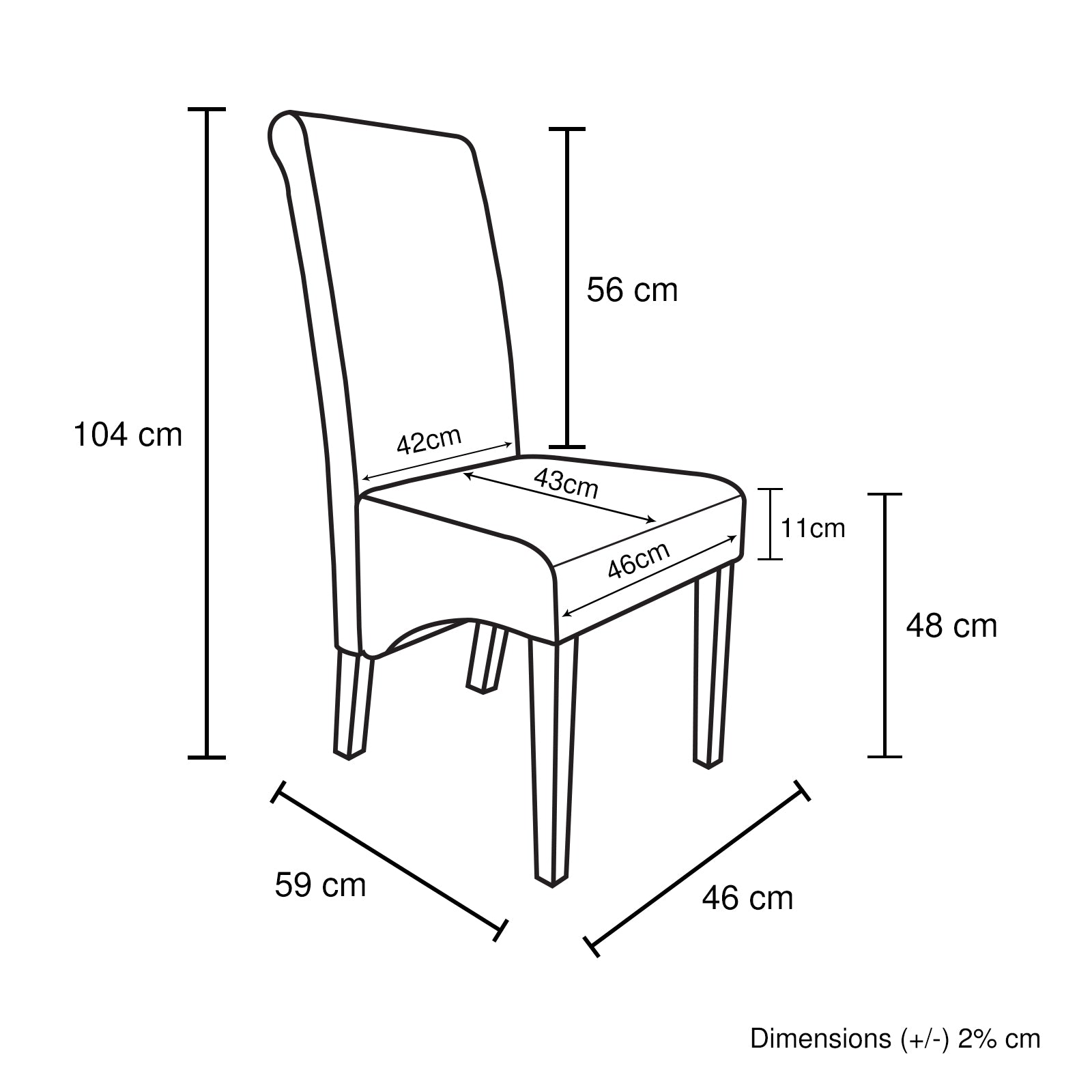 Dining chair dimensions: 104x59x46cm; seat 46x43cm; height 48cm