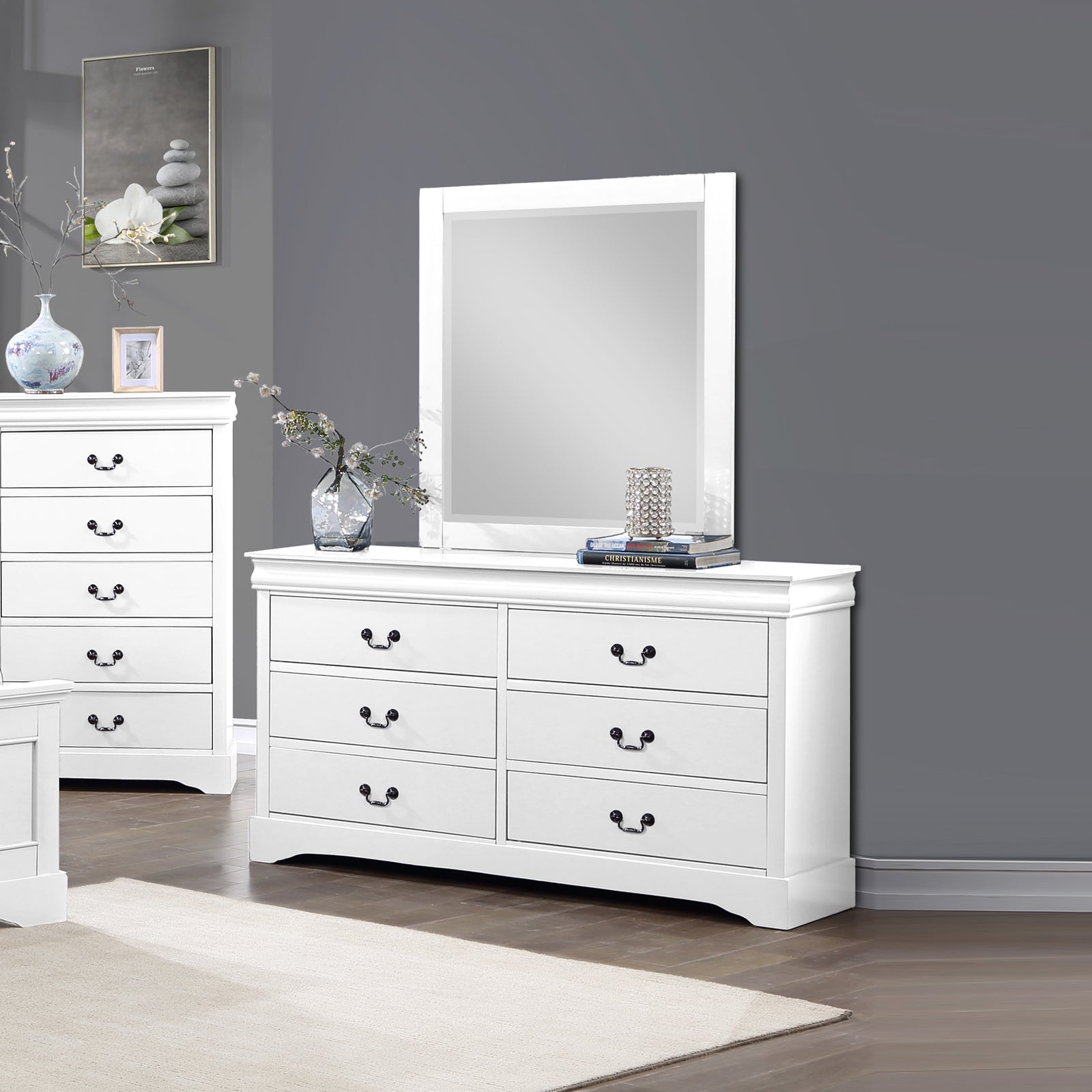 White wooden dresser with mirror and six storage drawers, metal cup handles