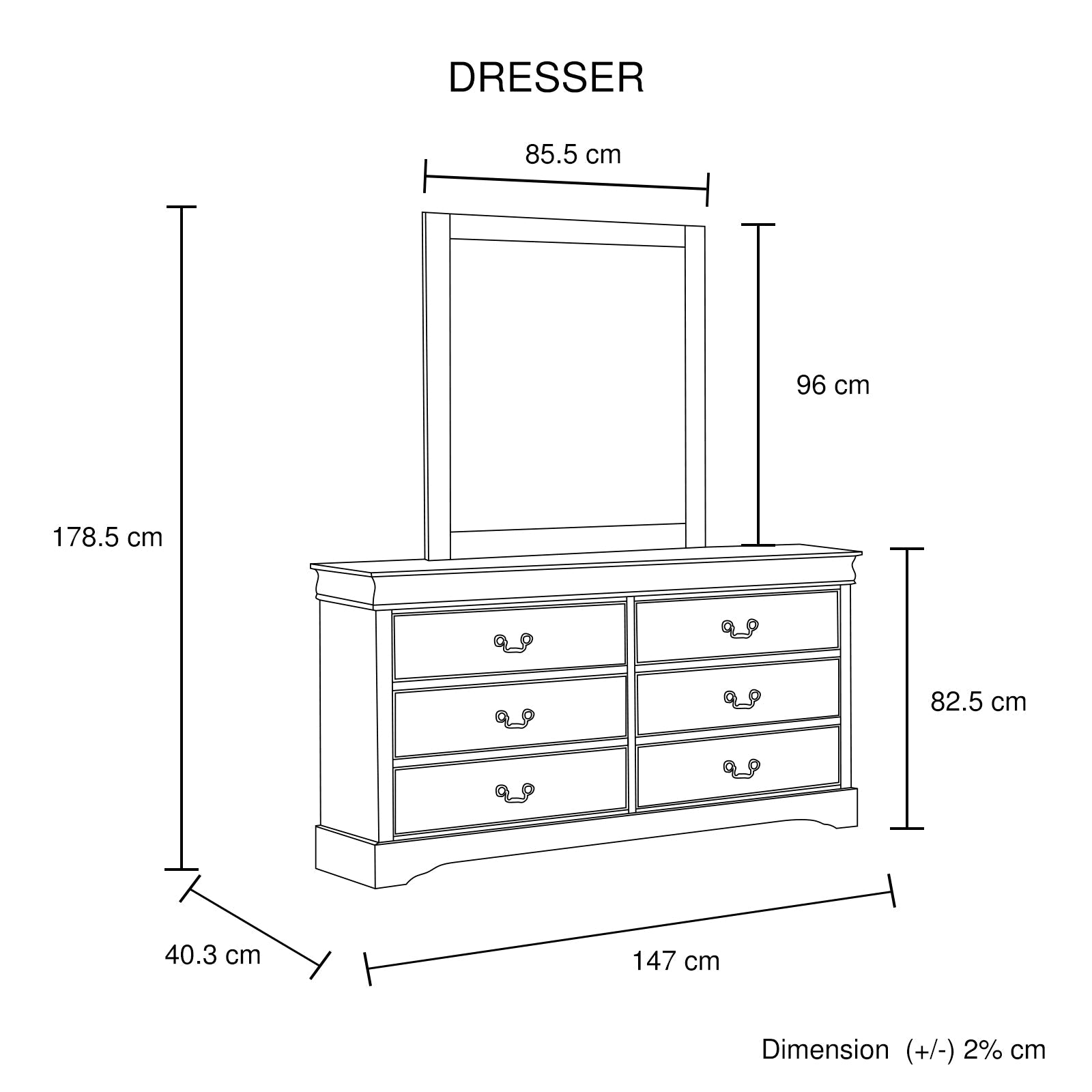 White dresser with mirror; size diagram: 178.5 cm height, 147 cm width