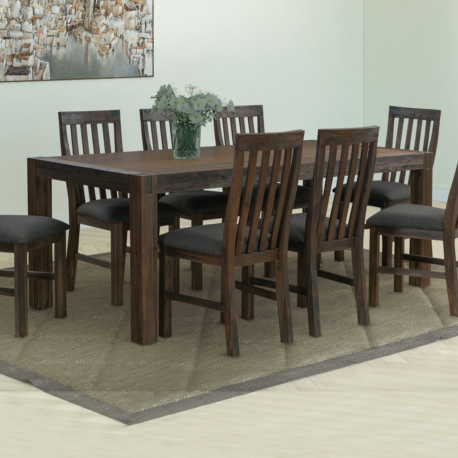 Chocolate dining table with solid acacia base, 210cm large size, rectangular top