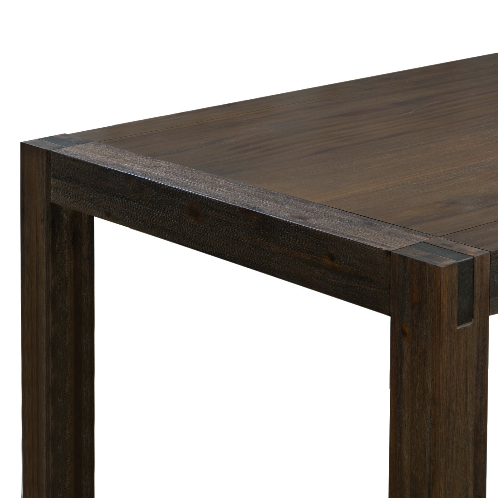 Close-up of dark wood dining table tabletop edge and corner leg