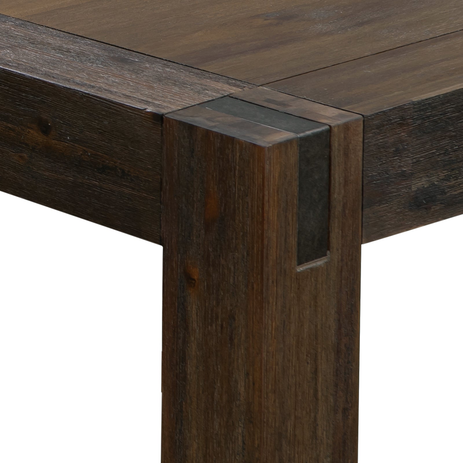 Corner view of dark wood dining table showing square leg and tabletop join