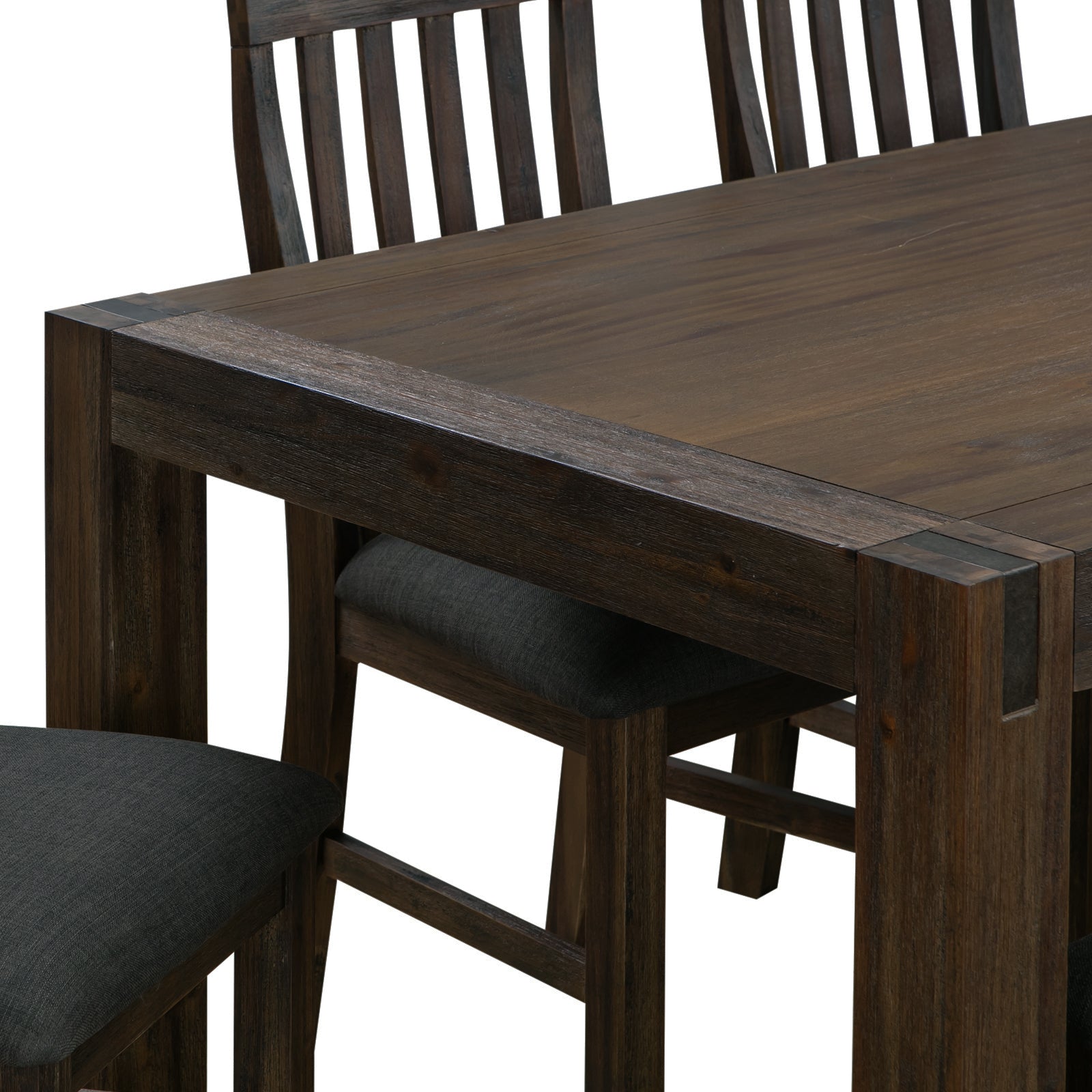 Dark wood dining table with bench seat beneath the tabletop and chair backs