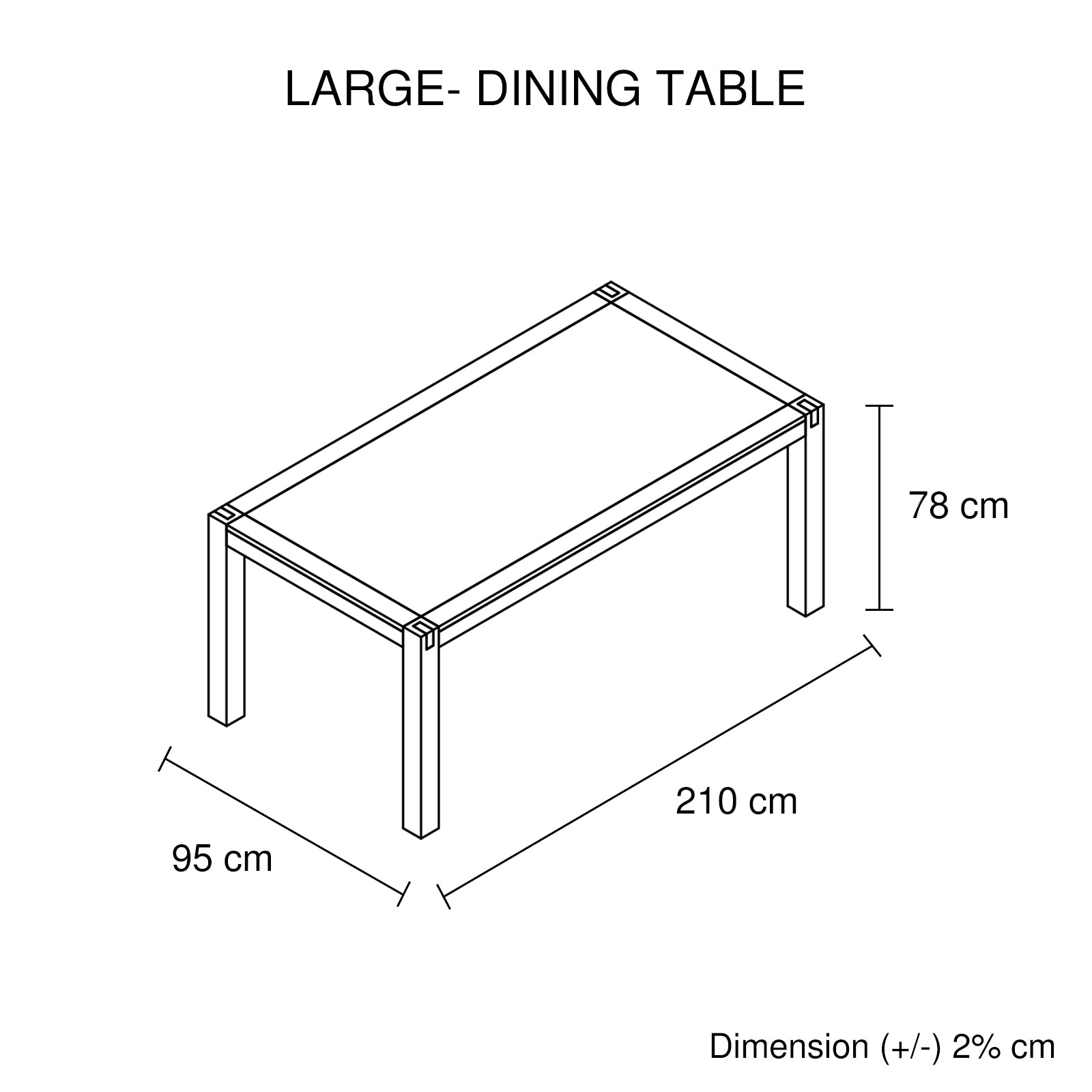 Diagram of large dining table dimensions: 210cm long, 95cm wide, 78cm high