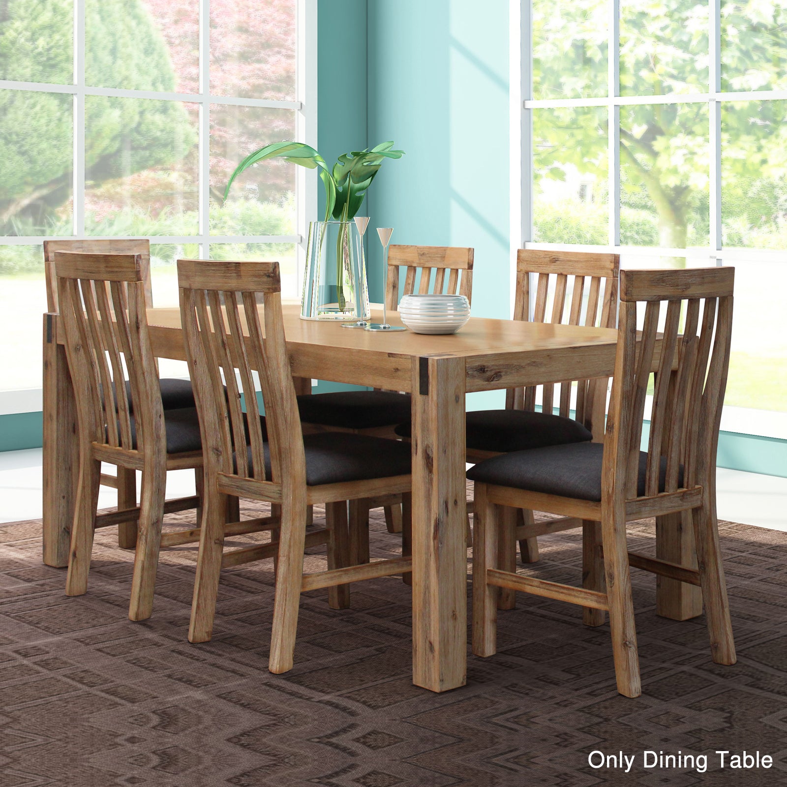 Rectangular oak dining table with solid acacia base and four matching wood chairs.