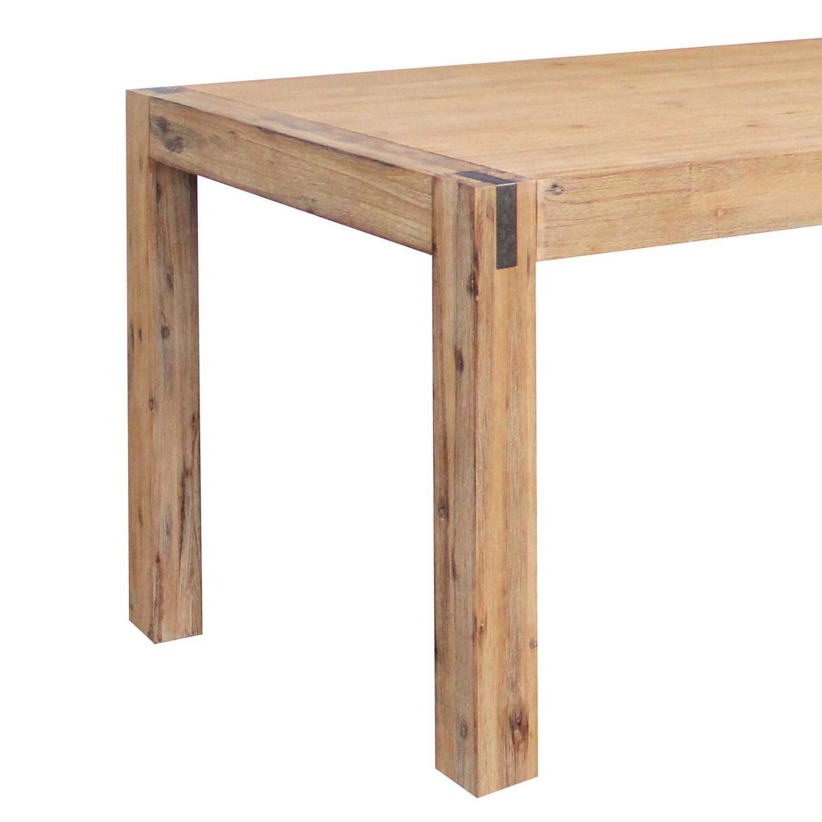 Corner view of oak acacia dining table with thick tabletop and solid wood leg.