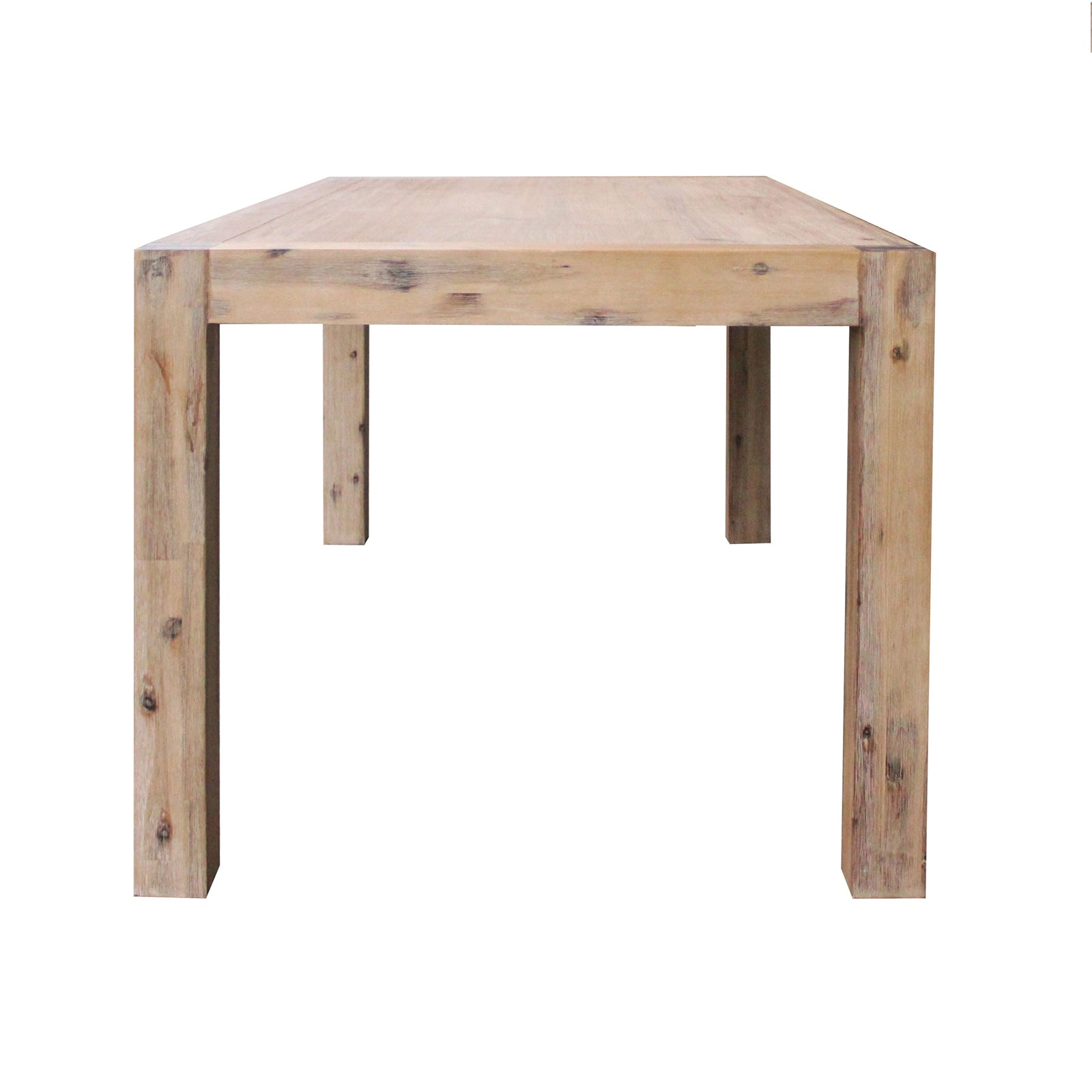 Rectangular oak acacia dining table with solid wood frame and four vertical legs.