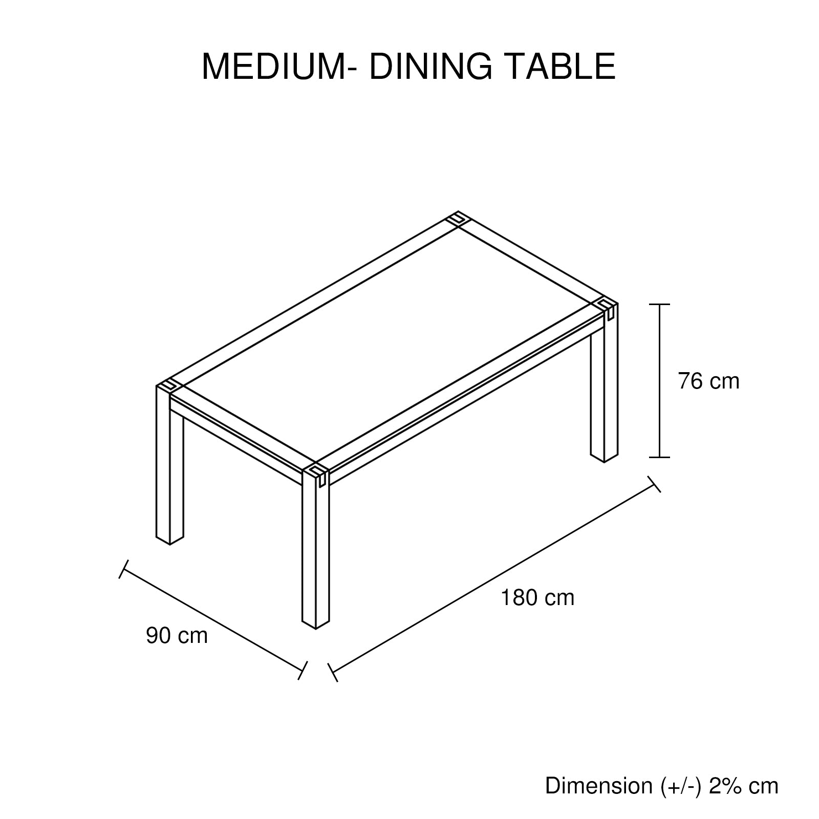 Rectangular dining table size diagram with 180 cm length and 76 cm height.