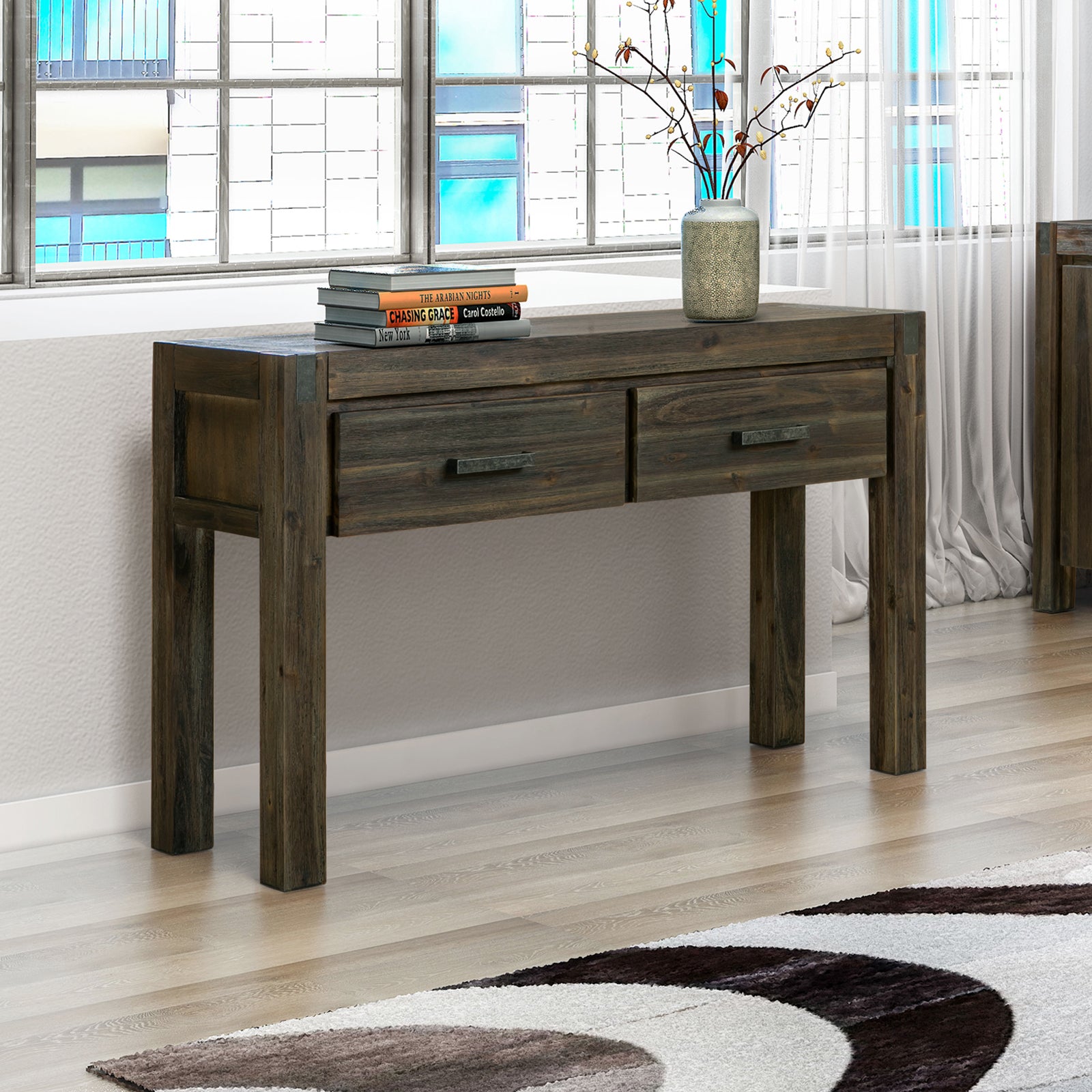 Hall table with two storage drawers, dark acacia wood, metal bar handles and open base.