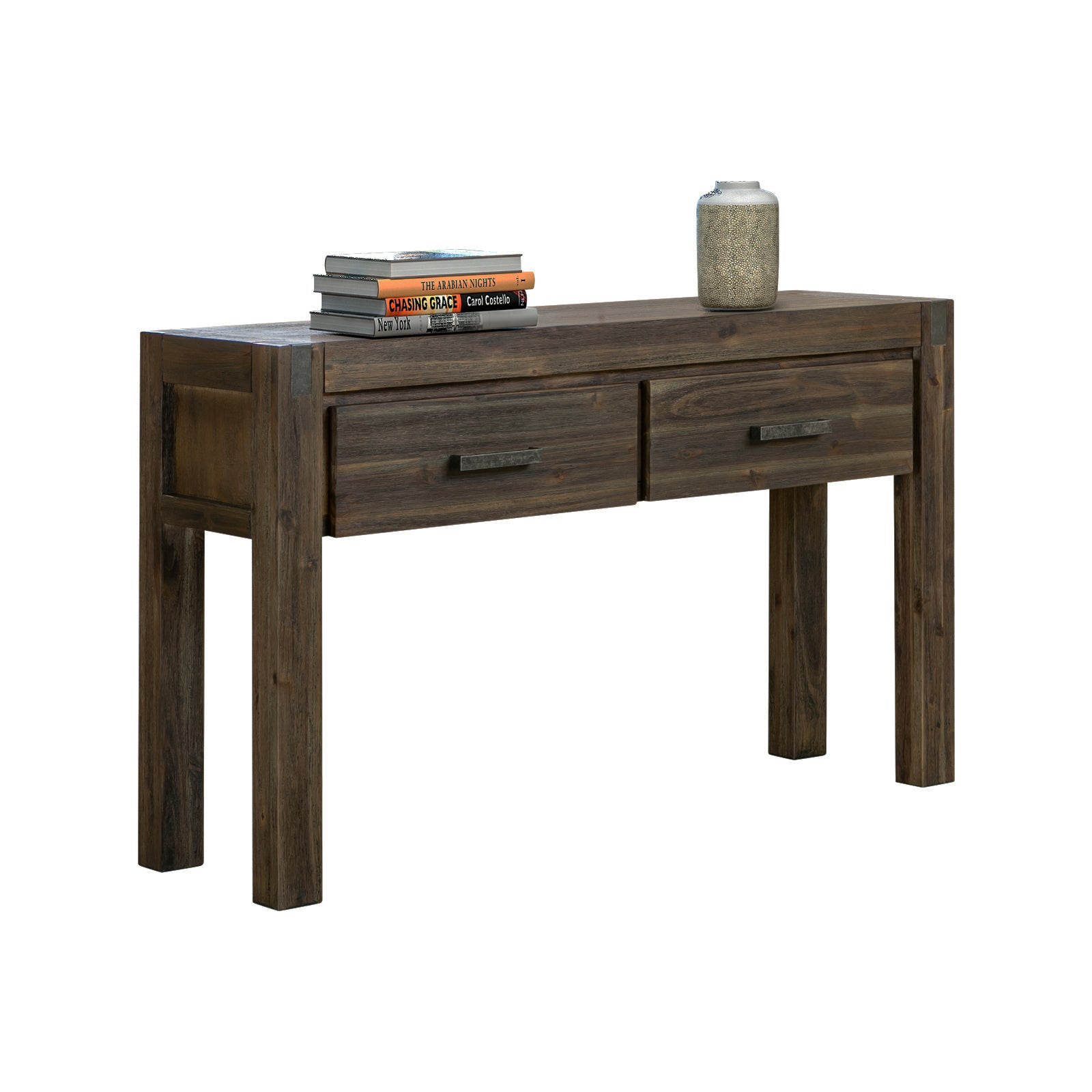 Hall table with two drawers in dark acacia wood, straight legs, metal bar pull handles.