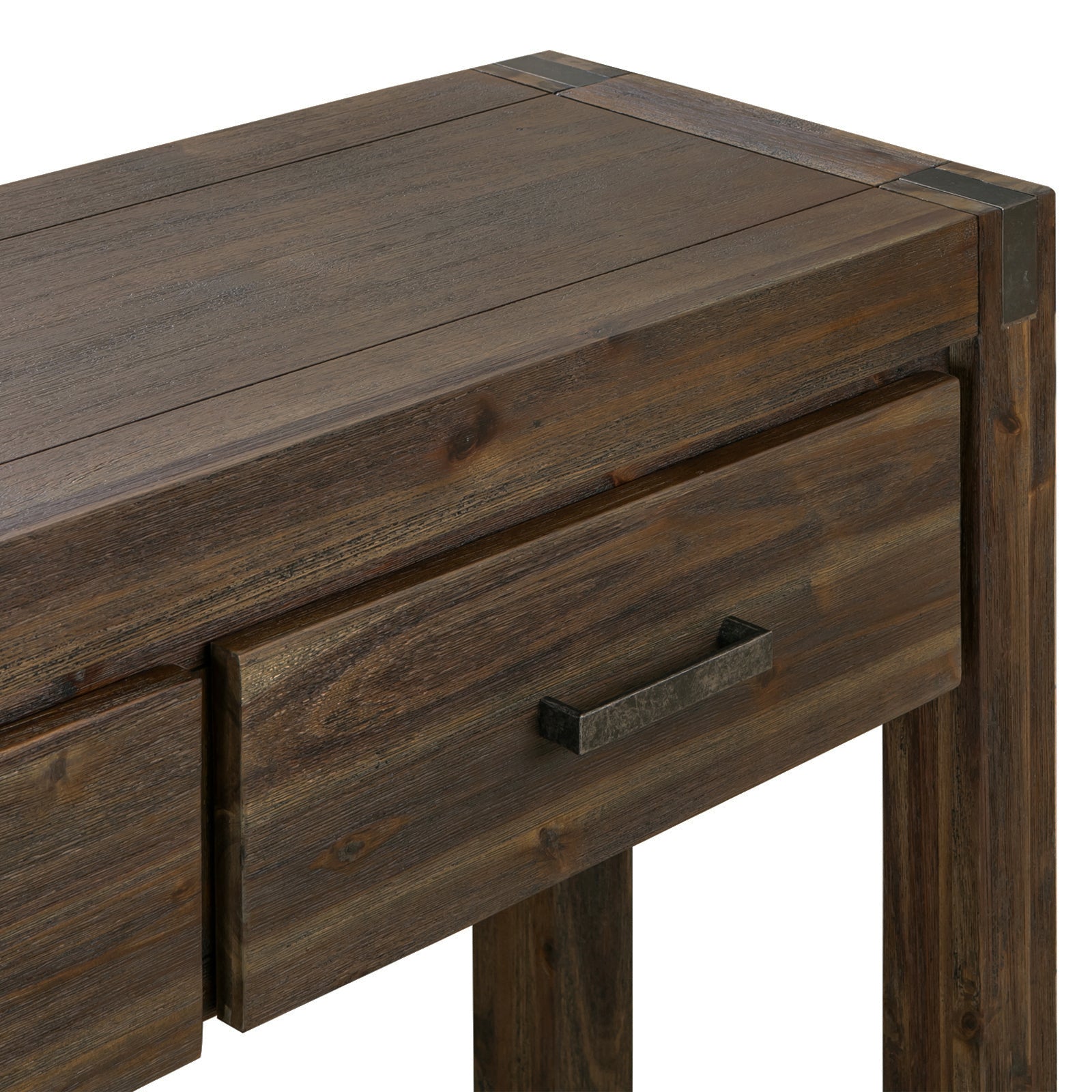 Drawer front detail of a dark acacia hall table with a rectangular metal bar handle.